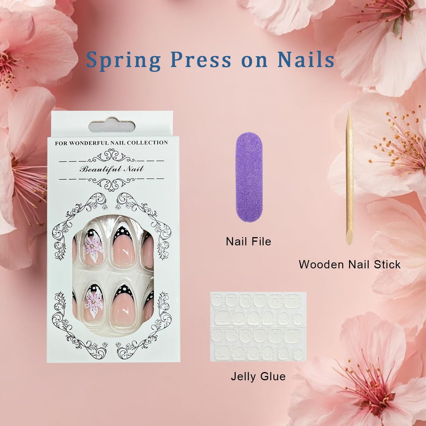 Spring Polka Dot Press on Nails Short Almond Fake Nails with 3D Lily Flower Design Black French Tip False Nail Glossy Full Cover Stick on Nail For Women Manicure 24 Pcs