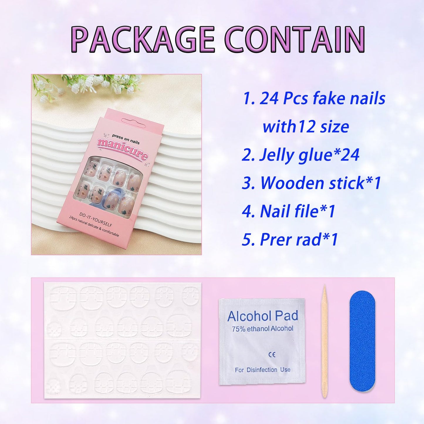 Square Press on Nails Short Cute Flowers Fake Nails Colorful Floral Glossy Acrylic Nails Press ons Full Cover Spring and Summer Stick Glue on Nails for Women Girls 24 Pcs