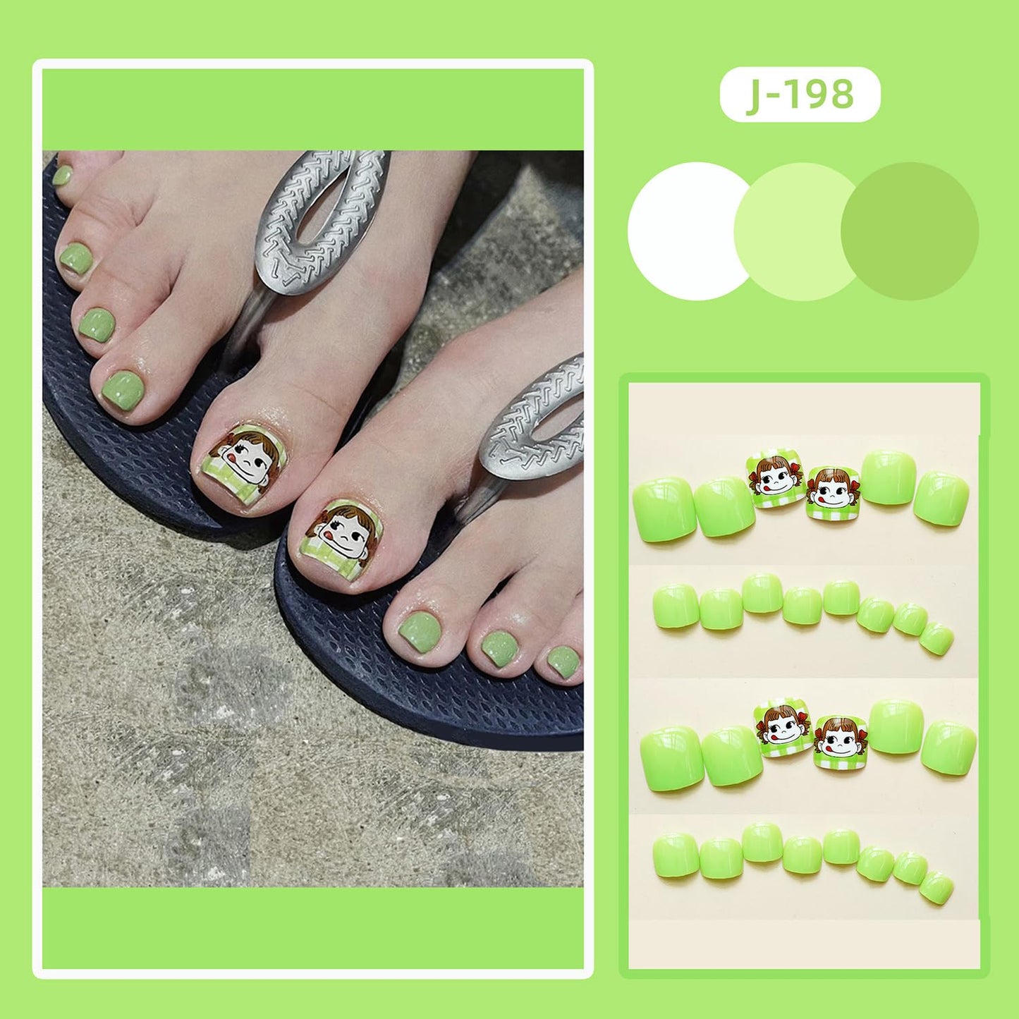 Press on Toenails with Cute Girls Designs, Artificial Green Fake Nails for Toe, Full Cover Glossy Coffin Acrylic False Nails, Glue on Toenails with Charm, Stick on Toe Nails for Women Girls(J198)