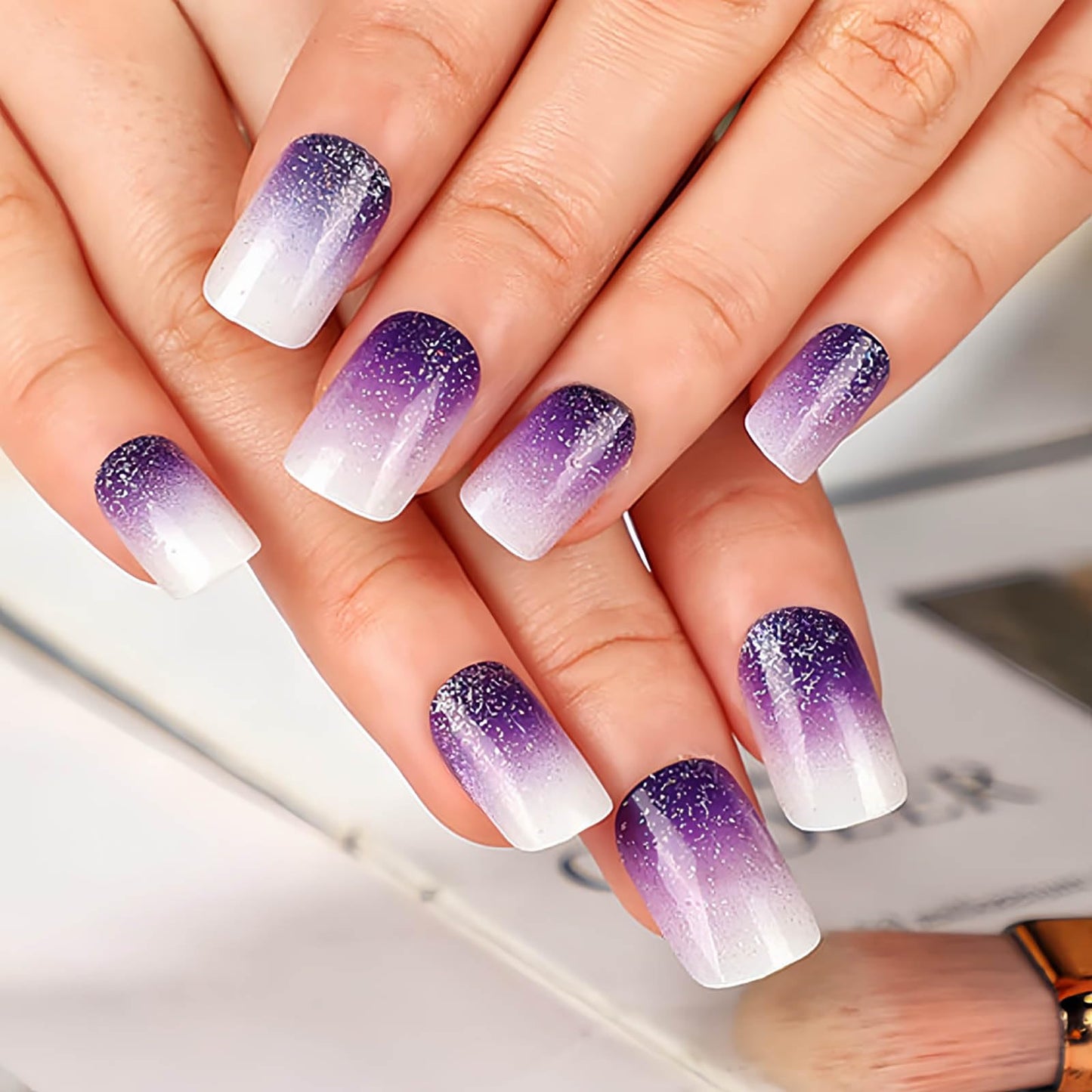 Square Press on Nails Short Fake Nails Purple French Tip False Nails Ombre Glue on Nail with Glitter Designs Nails Press ons Acrylic Glossy Stick on Nail for Women and Girls 24Pcs