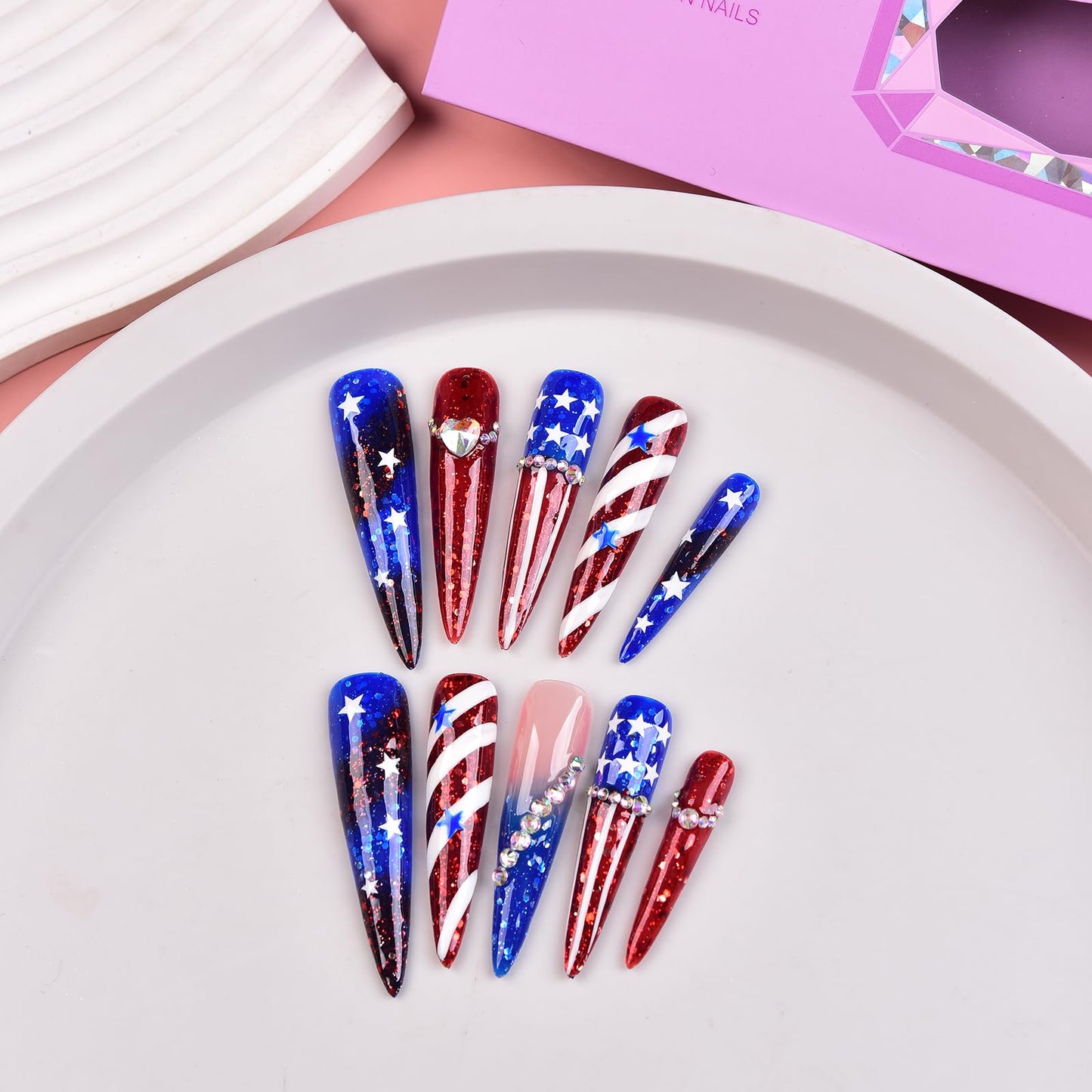 Tmani 10pc/set Extra Long Handmade Press On Nail Hot Girl's Long Ballet Nails Pointed Nail Full of Diamond Glitter Decoration Fake Nails Suitable For Girls Festival Parties and Birthday Gift (008,M)