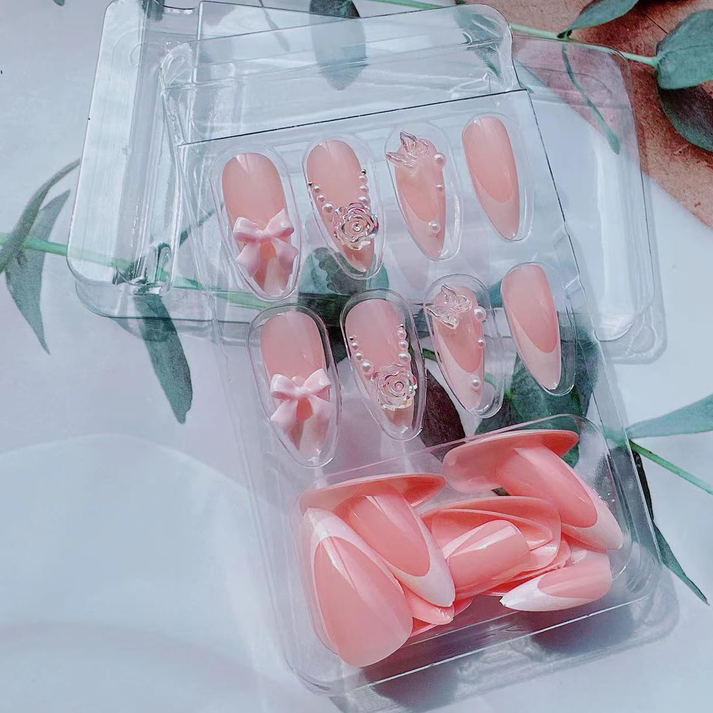 24Pcs French Tip Press on Nails Fake Nails with Aurora Butterfly Flowers Tulip Charms Designs False Nails Cute Press ons Pink Bow Stick on Nails Glossy Nude Acrylic Nails Glue on for Women Manicure