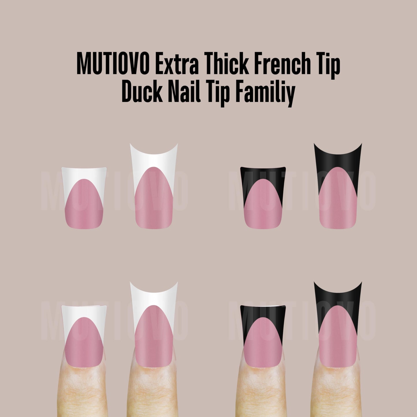 MUTIOVO Black French Tip Duck Feet Nail Tips Full Cover for Press on Acrylic with Moon Curve, BERRY PINK Extra Thick Medim Long, Flare Wide Soft Gel Fake False Nail Extension x 15 Sizes 150 pcs