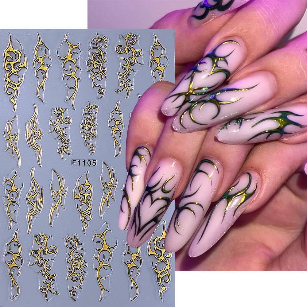 5 Sheets Gothic Nail Stickers for Nail Art, 3D Self-Adhesive Nail Decals Gold Silver Witchy, Nail Supplies Nail Art Designs Accessories for Women and Girls Manicure DIY Decoration