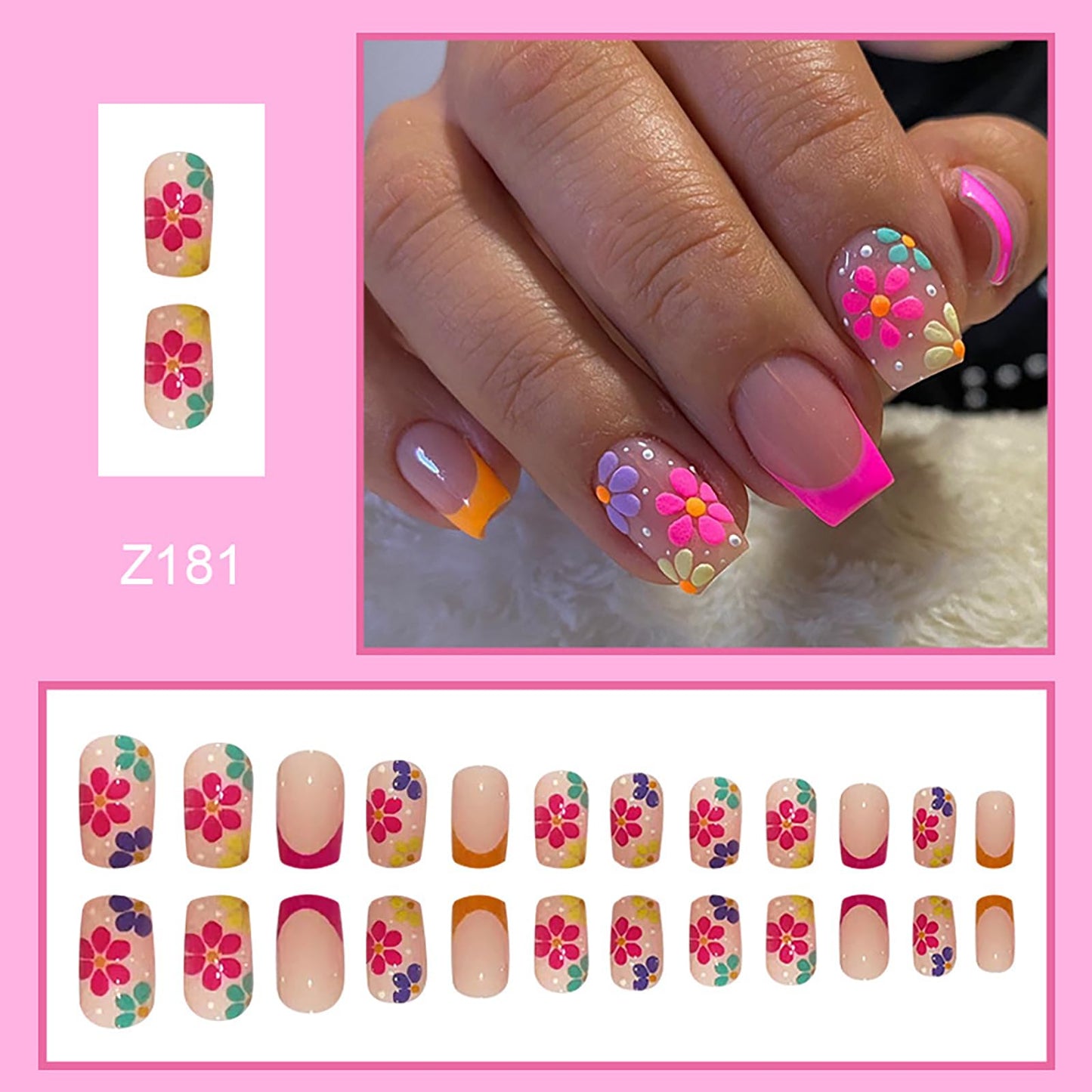 RTKHFZE French Tips Short Press on Nails Square Fake Nails with Flower Stereoscopic Embossed Design,Glossy Nude False Nails Full Cover Artificial Acrylic Nails Stick on Nail for Women Girls 24Pcs