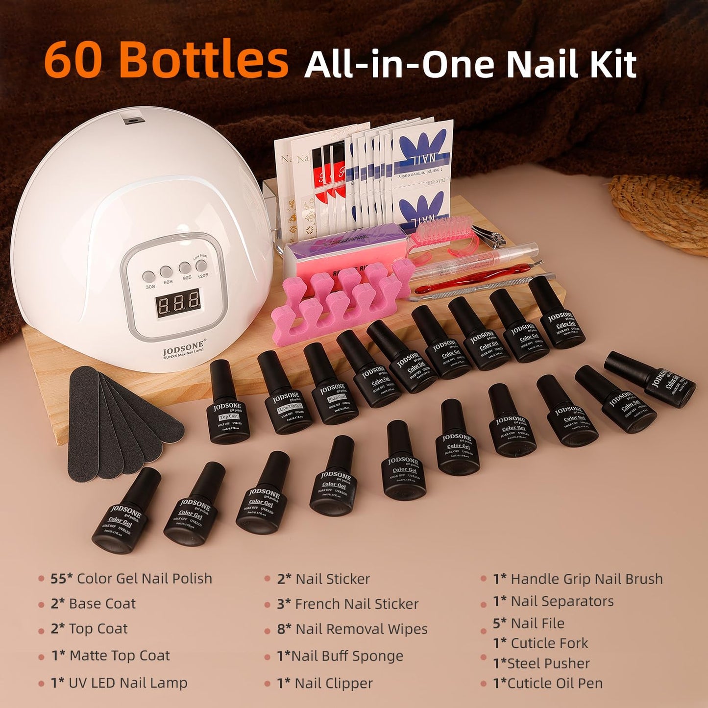 JODSONE 60 PCS Gel Nail Polish Kit 55 Colors Gel Polish Base Top Coat for Women and Girls