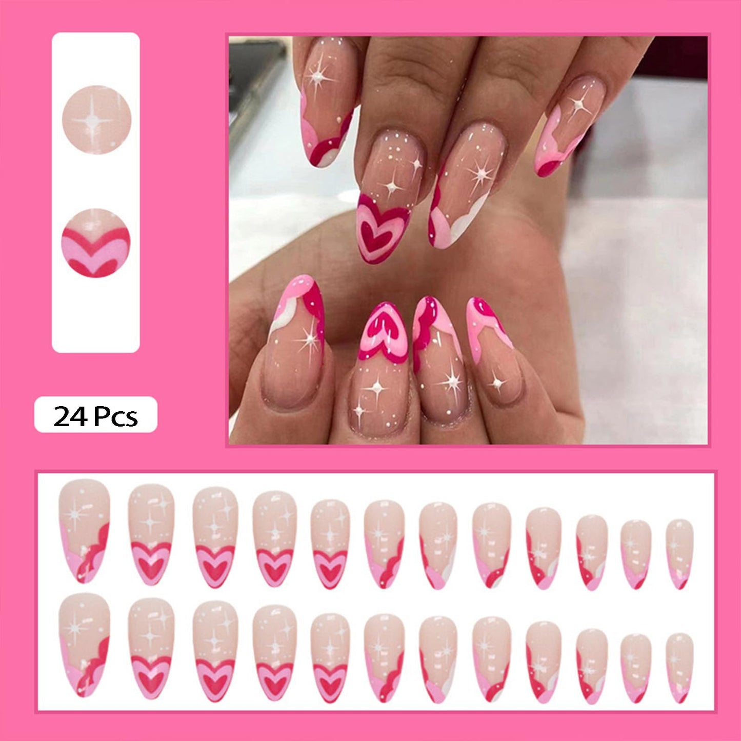 French Tip Press on Nails Pink Heart Fake Nails Medium Almond False Nails with Designs Star Pink Heart Glue on Nails Nude Full Cover Glossy Acrylic Nails for Women Girls 24 Pcs
