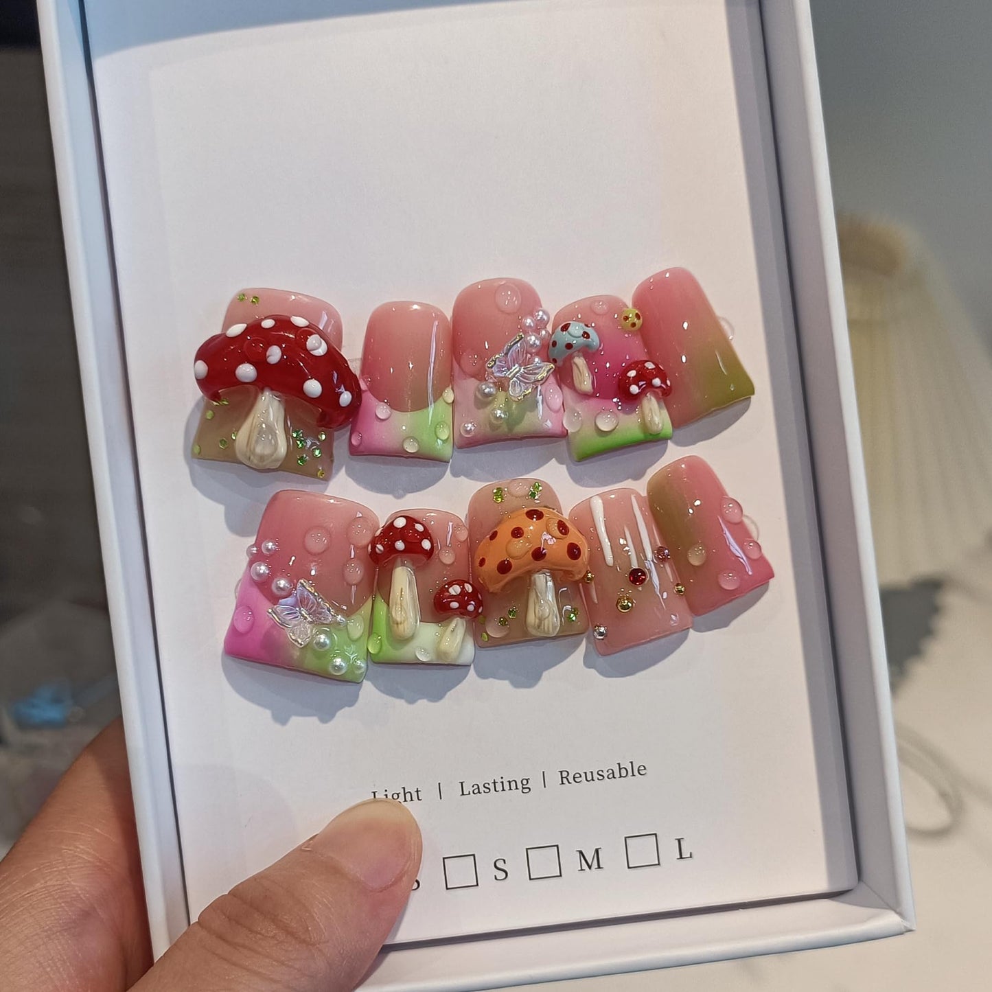 TENPAL Duckbill Coffin Ballerina Shape Fake Nails,Ombre French Tips Press on Nails 10 Pcs with Tool Kit,3D Butterfly Mushroom Embossed Design Glue on Nails with Pearl & Rhinestone Cute Fake Nails（S)