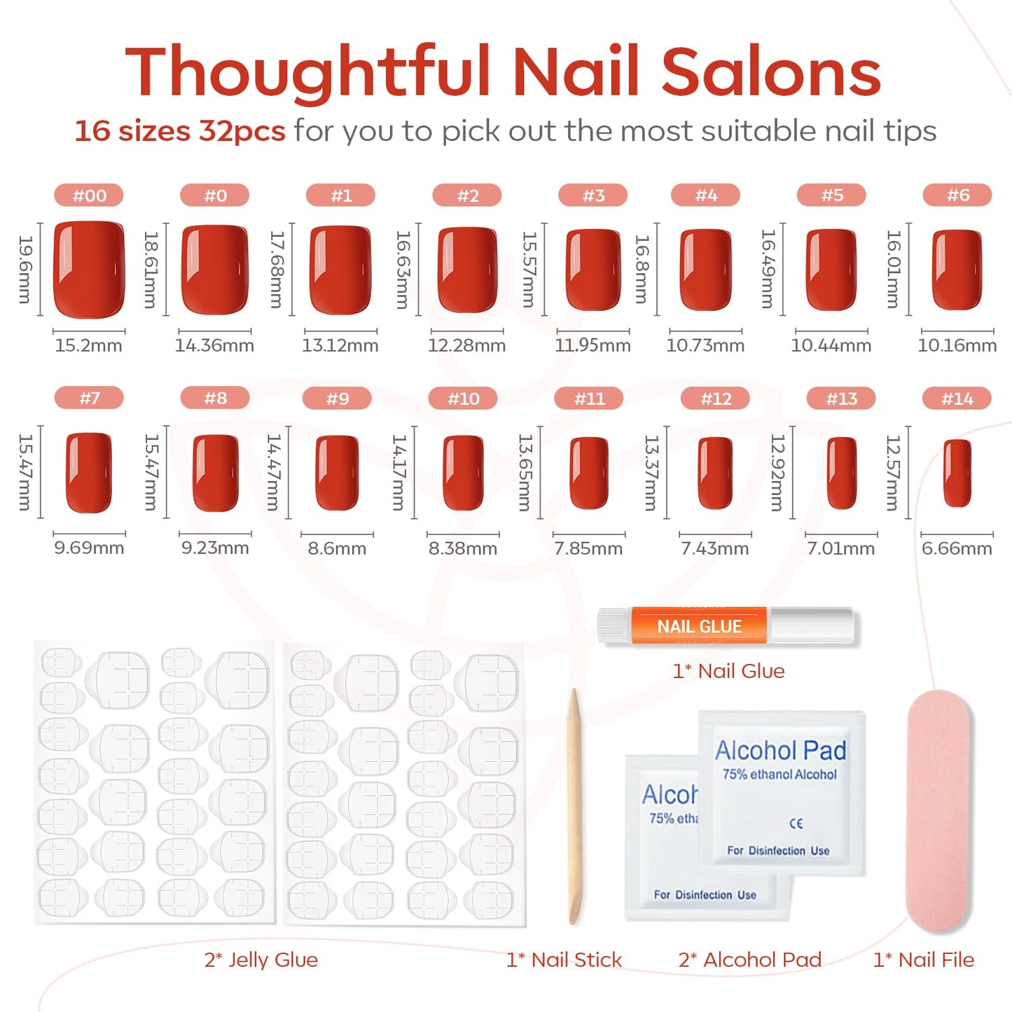 Modelones Red Press on Nails for Women, Fall Halloween Short Square Fake Nails, Reusable Nail Kit with Nail Glue Adhesive Tabs Mini Nail File, Nails Press Ons 32Pcs16 Sizes, Women Girl Gift