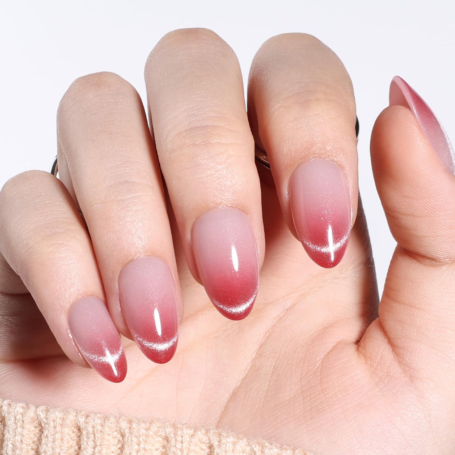 Ombre Red Cat Eye French Tip Press On Nails Almond - Pink Short Almond Fake Nails, Ombre Cateye Press On Nails Reusable Stick On Nails in 16 Sizes, 32pcs False Nail Kit for Women & Girls(Rosé)