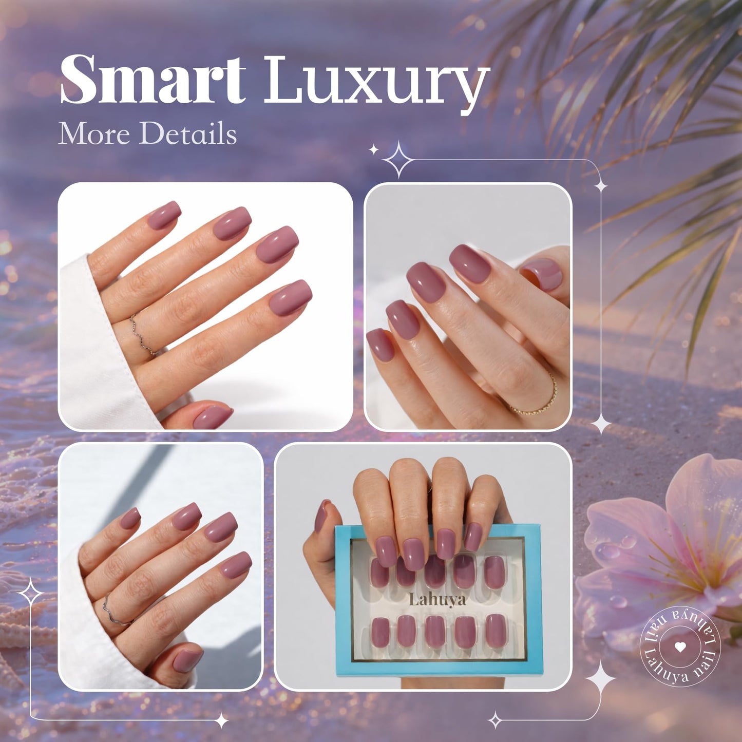 LAHUYA Press On Nails – Cozy Girl | Nail Artist Designed Short Squoval Fake Nails with Soft Mauve Pink Glossy Finish, Reusable Press On Nails in 15 Sizes – 30 Nails Kit with Glue