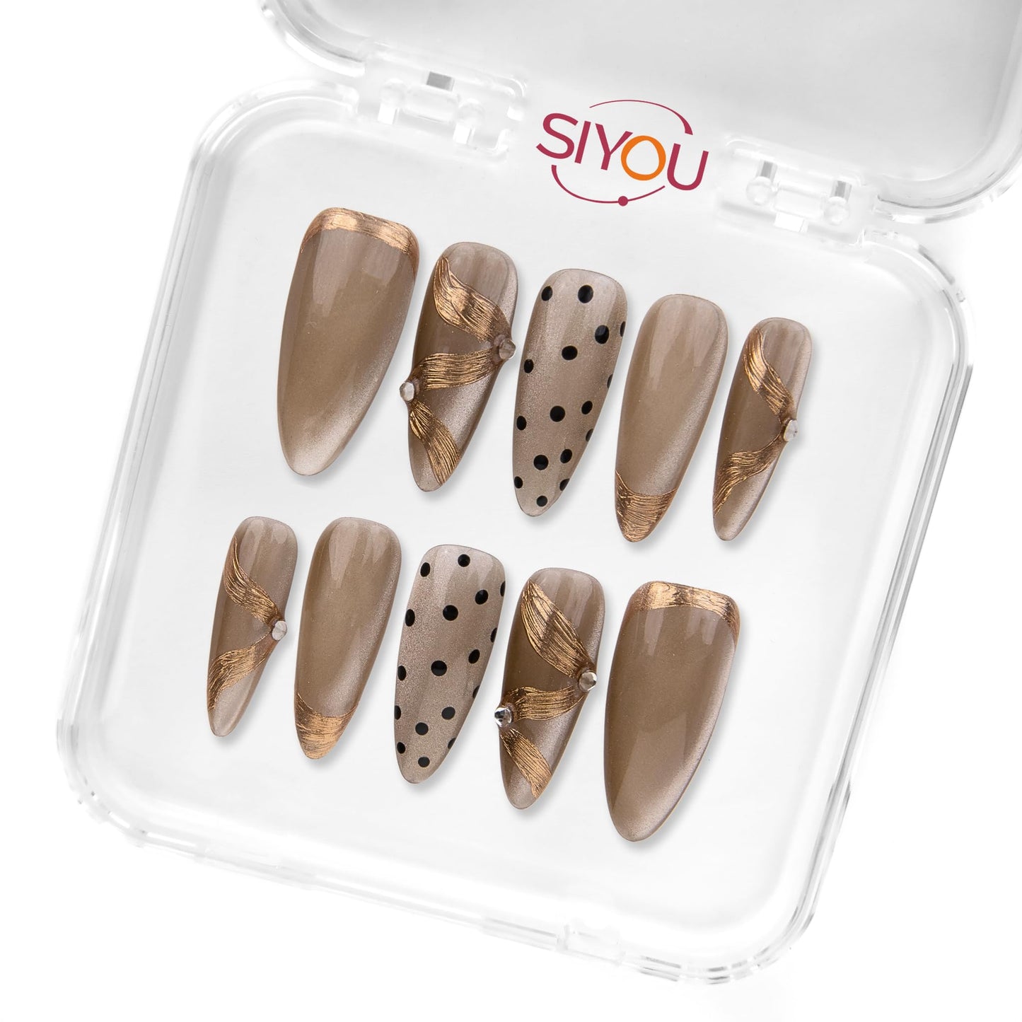 SIYOU Beauty | Elegant Polka Dot | Polka Dot Long Almond Press On Nails for Women (Large) - Reusable, Salon-Quality Fake Nails (10pc)