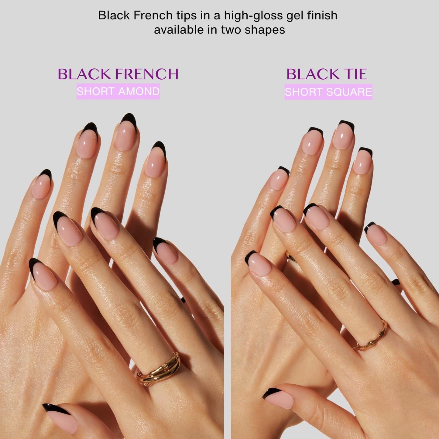 LAMIMOSA 32Pcs Black French Tip Press on Nails Short Almond - Soft Gel Fake Nails in 16 Sizes, Reusable Semi-Transparent Glue on Nails Kit, BLACK FRENCH