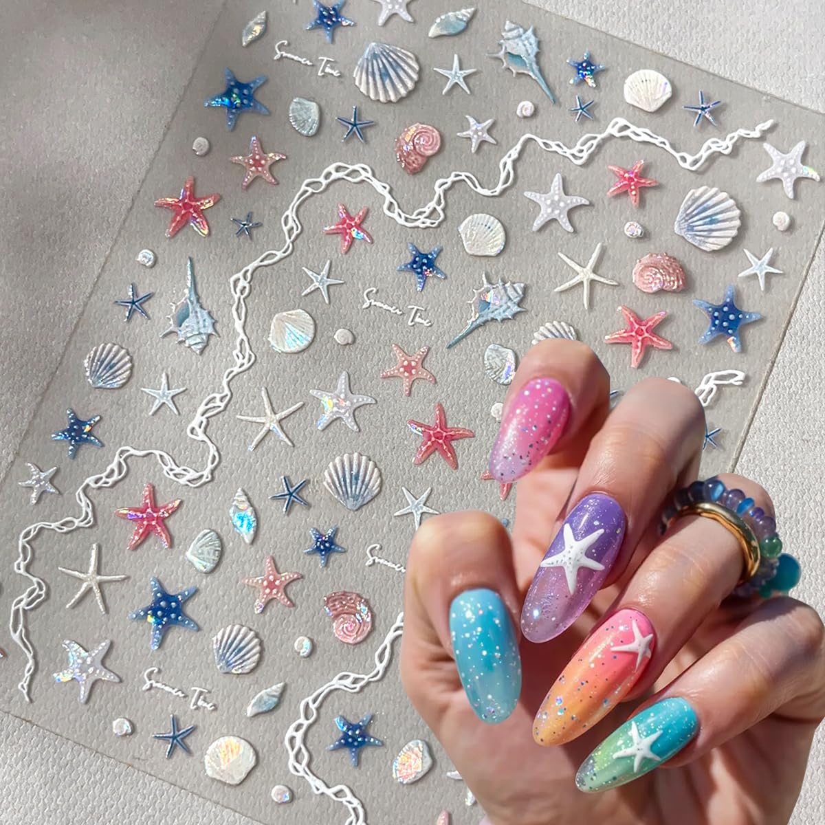Summer Nail Art Stickers Shiny Shells Starfish Nail Decals Mermaid Conch Beach Design 5D Embossed Self Adhesive Nails Supplies Summer Sea Theme Nail Art Decoration for Women Manicure Accessories,2Pcs