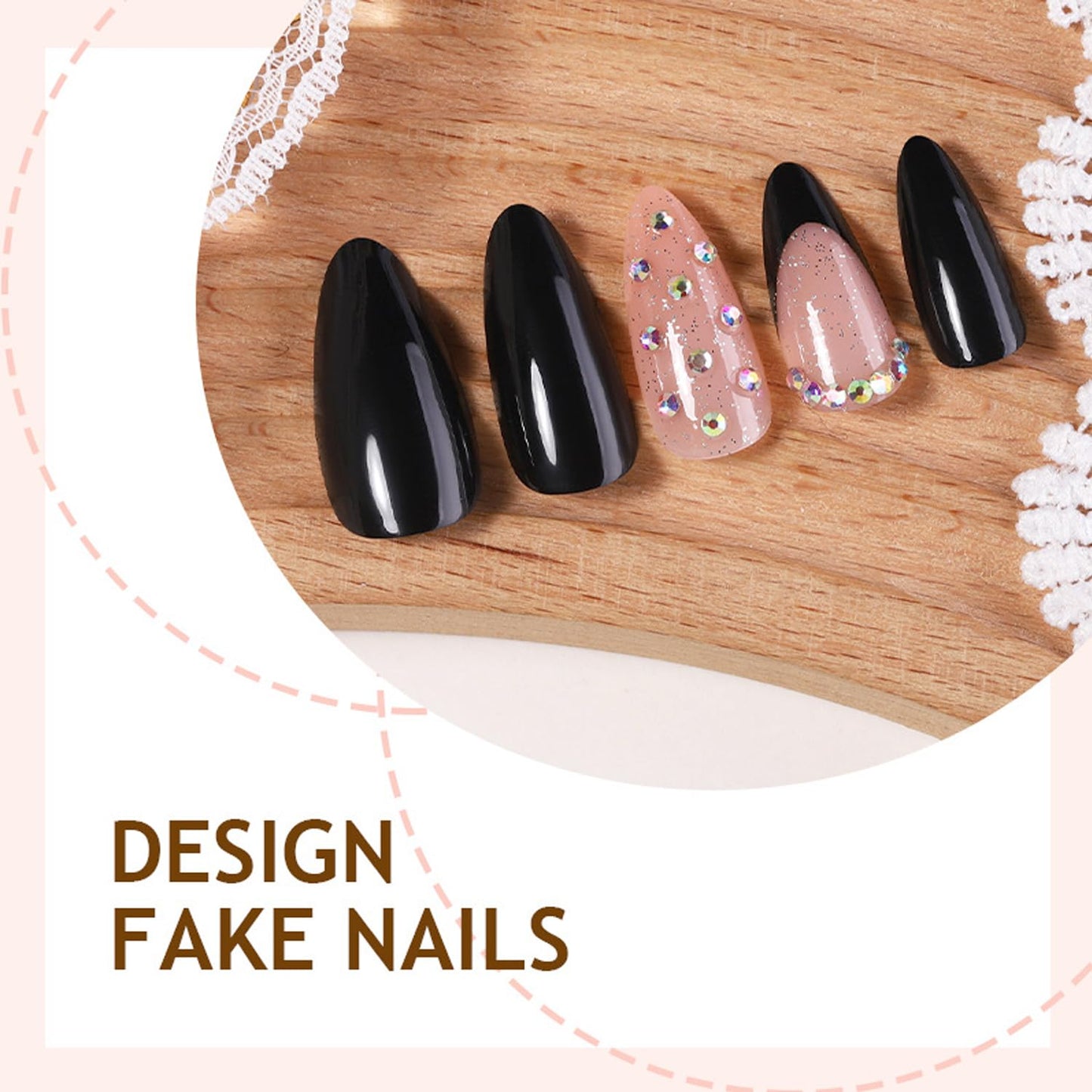 24Pcs Black French Tip Press on Nails - Medium Almond Fake Nails with 3D Rhinestone Designs Black False Nails Silver Glitter Acrylic Stick on Nail Nude Glossy Full Cover Gel Artificial Nail for Women