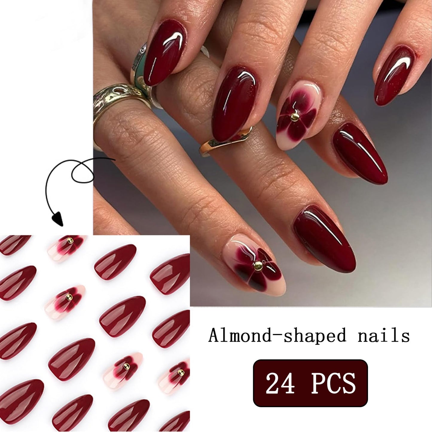 24Pcs Dark Red Press on Nails Medium Almond Fake Nails Floral with Golden Pearls Design Reusable False Nails Kit Red Five-Petal Flower Full Cover Artificial Stick on Nails for Women Girls Manicure