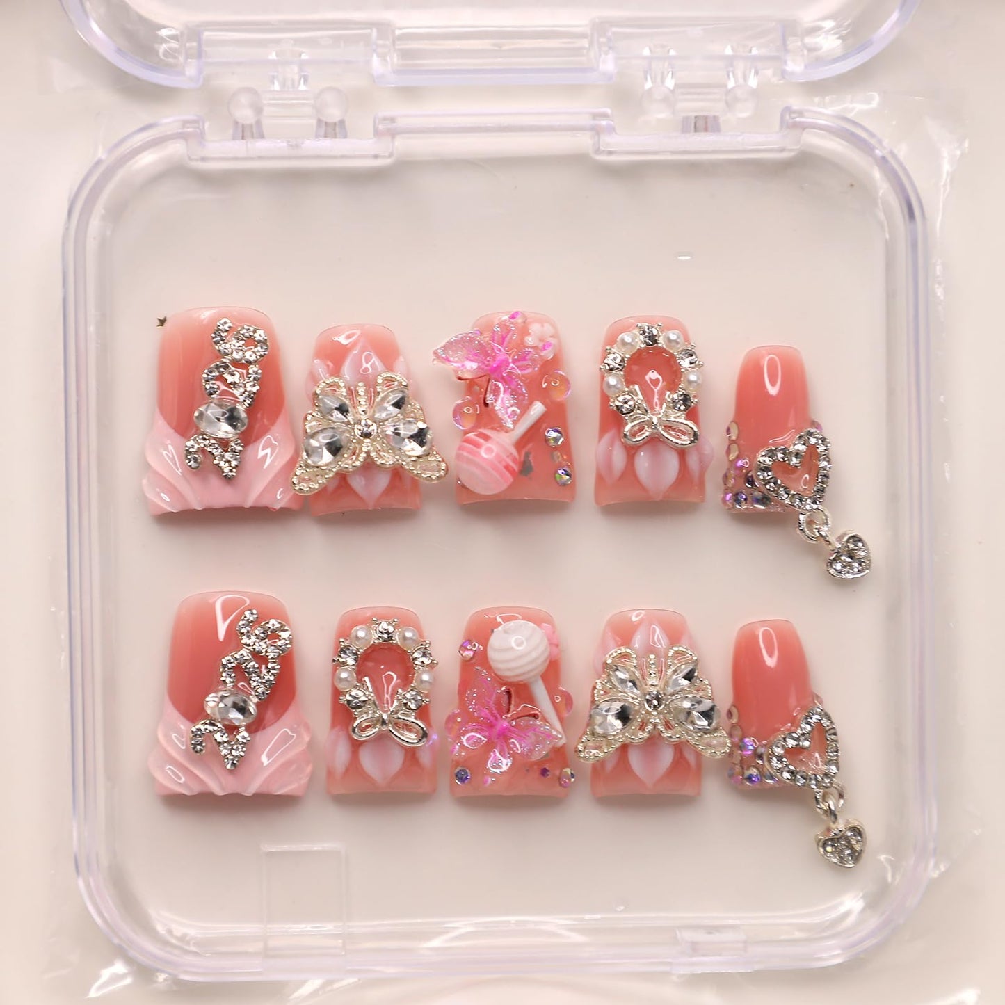 10Pcs Pink Duck Press on Nails Handmade Fake Nails Reusable False Nail with 3D Butterfly Flower Rhinestone Design Acrylic Duck Nails Press ons Cute French Tip Artificial Stick on Nails for Women (M)