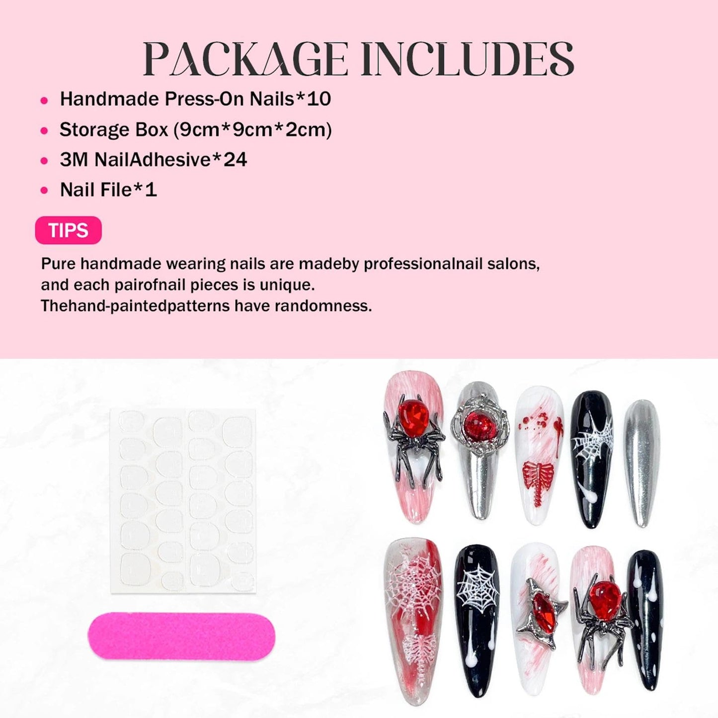 Handmade 3D Gothic Spider Web Red Rhinestone Stiletto Press On Nails, Dark Halloween Artisan Nails Set, Reusable Glossy Press-ons with Tool Kit(S)