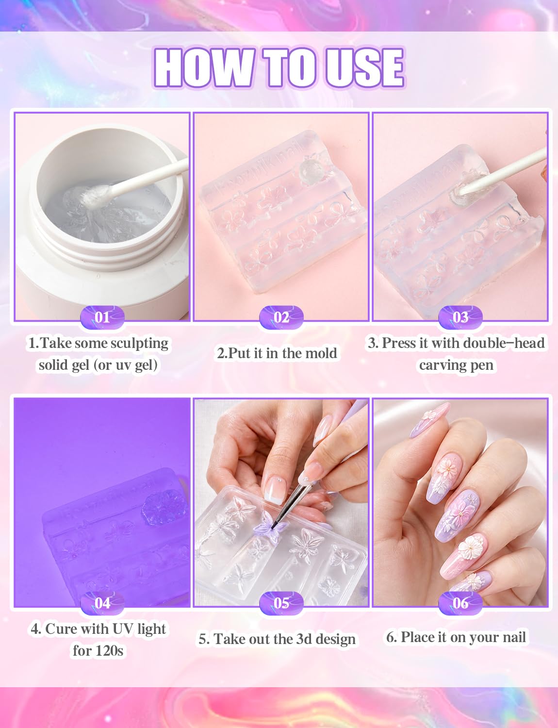 9 Pcs 3D Nail Art Silicone Resin Molds, 3D Art Flowers Nail Charm Molds Letter Resin Mold, Multiple Shapes Butterfly Shell Photo Frame Skull Nail Design Mold for DIY Manicure Accessories Supplies