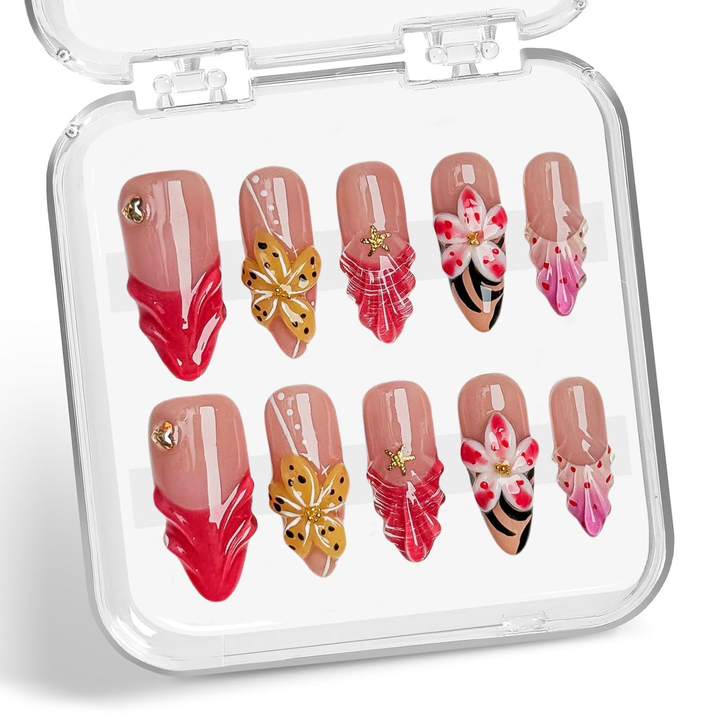 Flower Press on Nails Handmade Long Almond Muti-Layer Gel French Fake Nails 3D Waterdrop Pattern Floral Embossed Design Golden Stars and Hearts False Nails Luxury Acrylic Nail for Women (Size M)