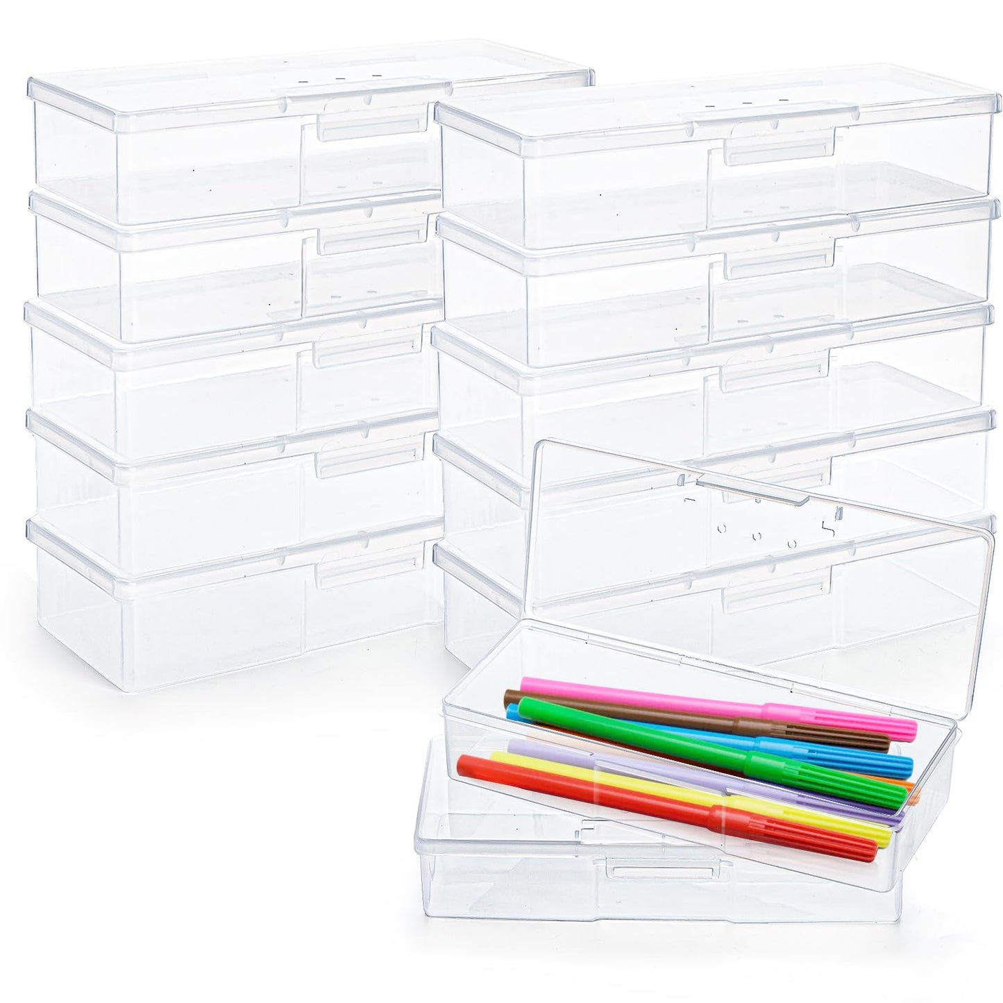 ZOOFOX 12 Pack Plastic Nail Storage Box, Stackable Pencil Case with Hinged Lid and Snap Closure, Clear Rectangle Box for Organizing Manicure Pedicure Kit, Crayon, Beads, Jewelry, Office Supplies