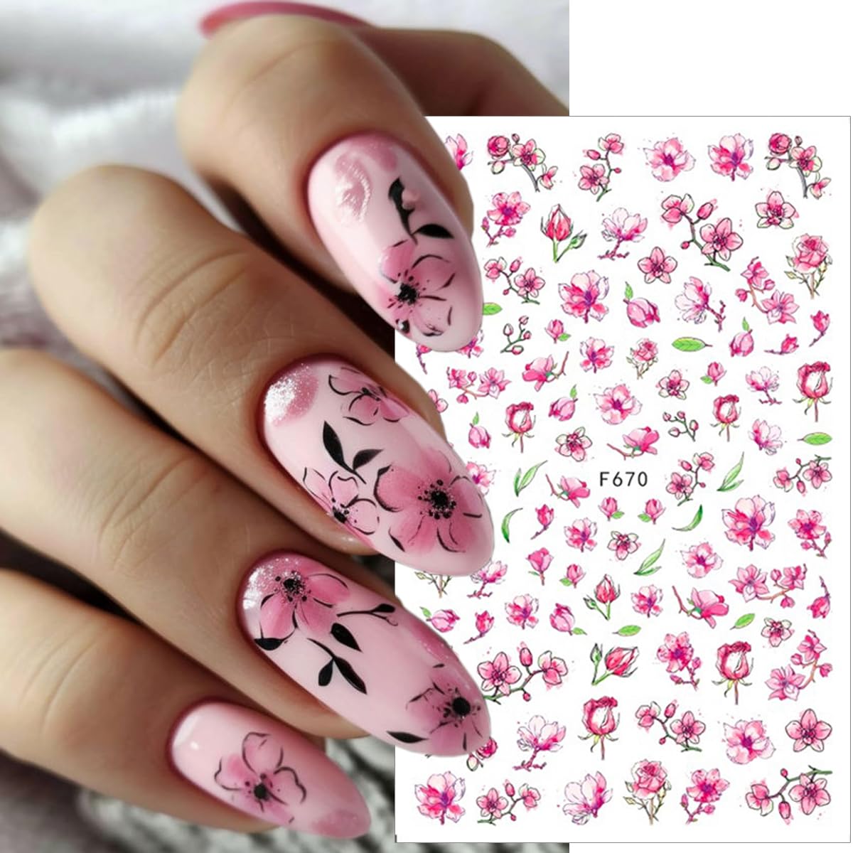 8Pcs Cherry Blossoms Nail Stickers 3D Self Adhesive Pink Flower Nail Art Stickers Spring Summer Peach Blossom Petals Leaves Nail Art Design Nail Decals Floral Nail Supplies for Acrylic Nail Decoration