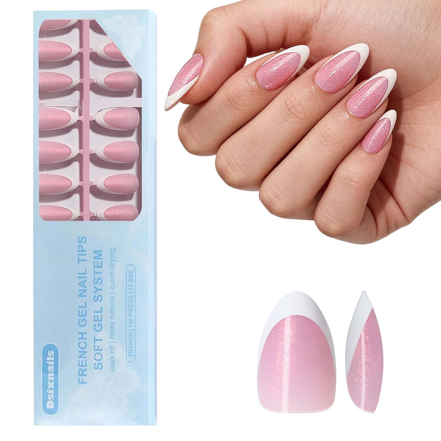 Dsixnails Short Pink Glitter Base Soft Gel Nail Tips, 150Pcs Almond French Tip Press On Nails, Pre-Lasting Acrylic Fake Nails, Soak Off Full Cover Nails Extension for Women Girl 15Sizes