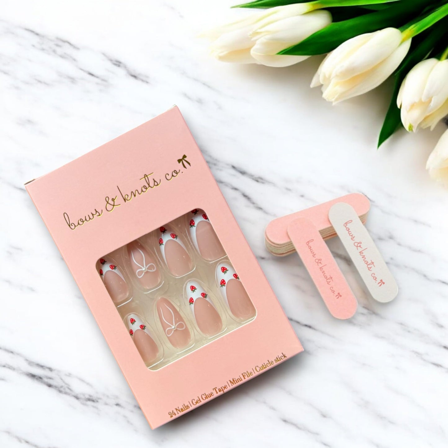 24 Pcs Press On Nails Short, Soft Gel Fake Nails, Glossy, Durable & Reusable, Easy to Apply Glue On Nails for Women By Bows And Knots