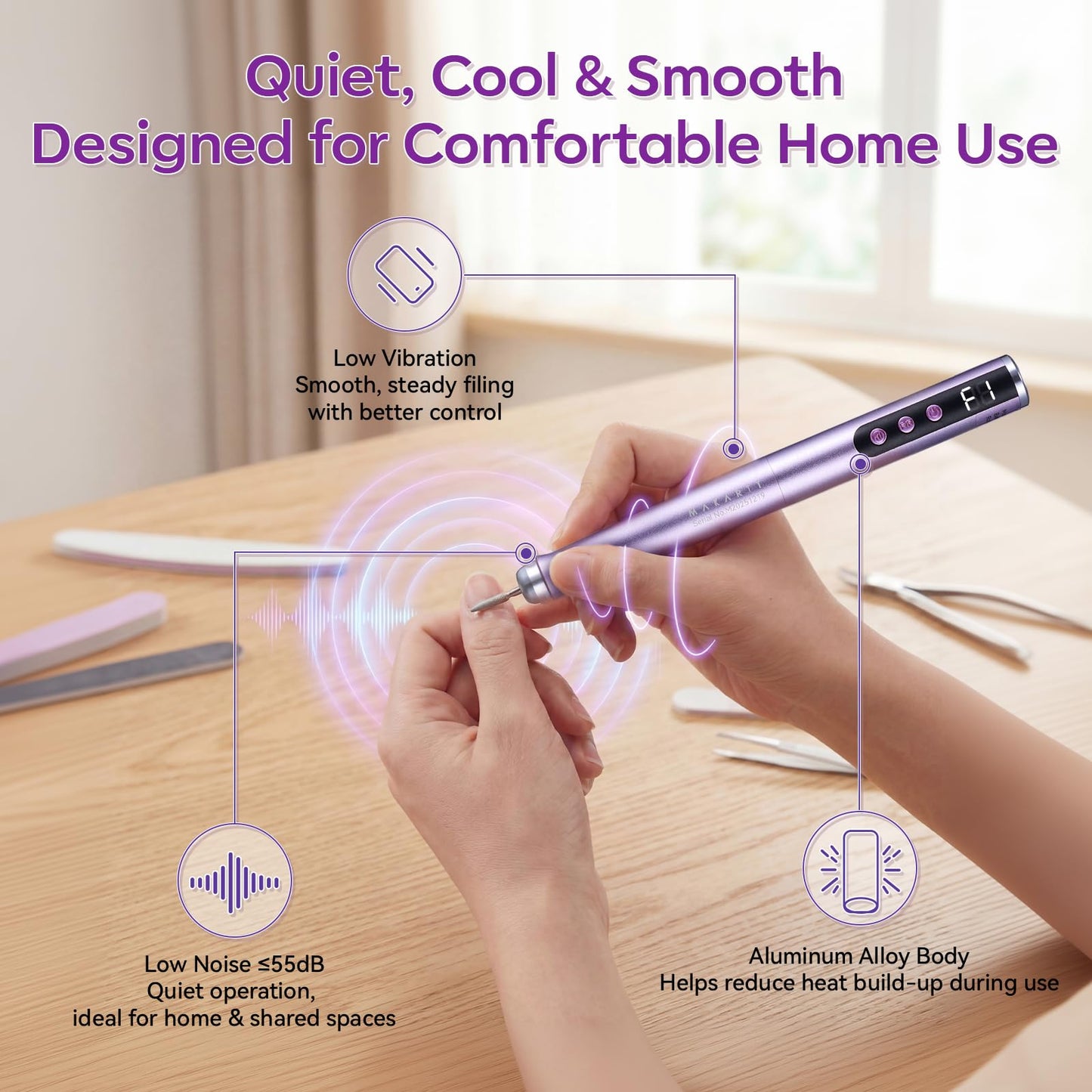 Makartt Pen-Shaped Rechargeable Nail Drill for Beginners: 25,000 RPM Cordless Electric Nail File with 5-Speed LED Display, Lightweight Quiet E File Kit for Gel Polish Removal, Home Travel Use(Purple)