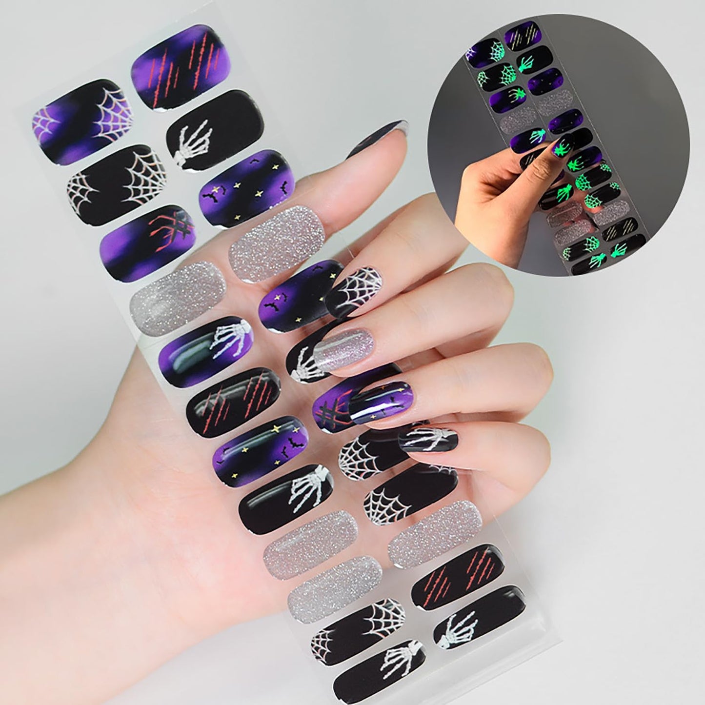 DANNEASY 24 Pieces Halloween Semi Cured Gel Nail Strips Glow in The Dark Gel Nail Stickers Full Nail Wraps Spider Web Bat Skeleton Manicure Design with Nail File, Cuticle Stick