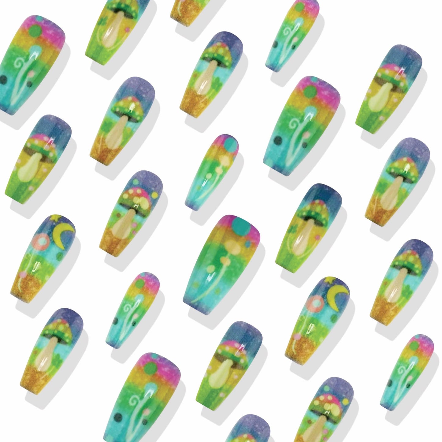 MERVF Coffin Press on Nails Long Fake Nails Colorful Glue ons Mushroom Design Cute Manicure Acrylic Neon Ballerina False Nail Supplies DIY Glossy 24pcs