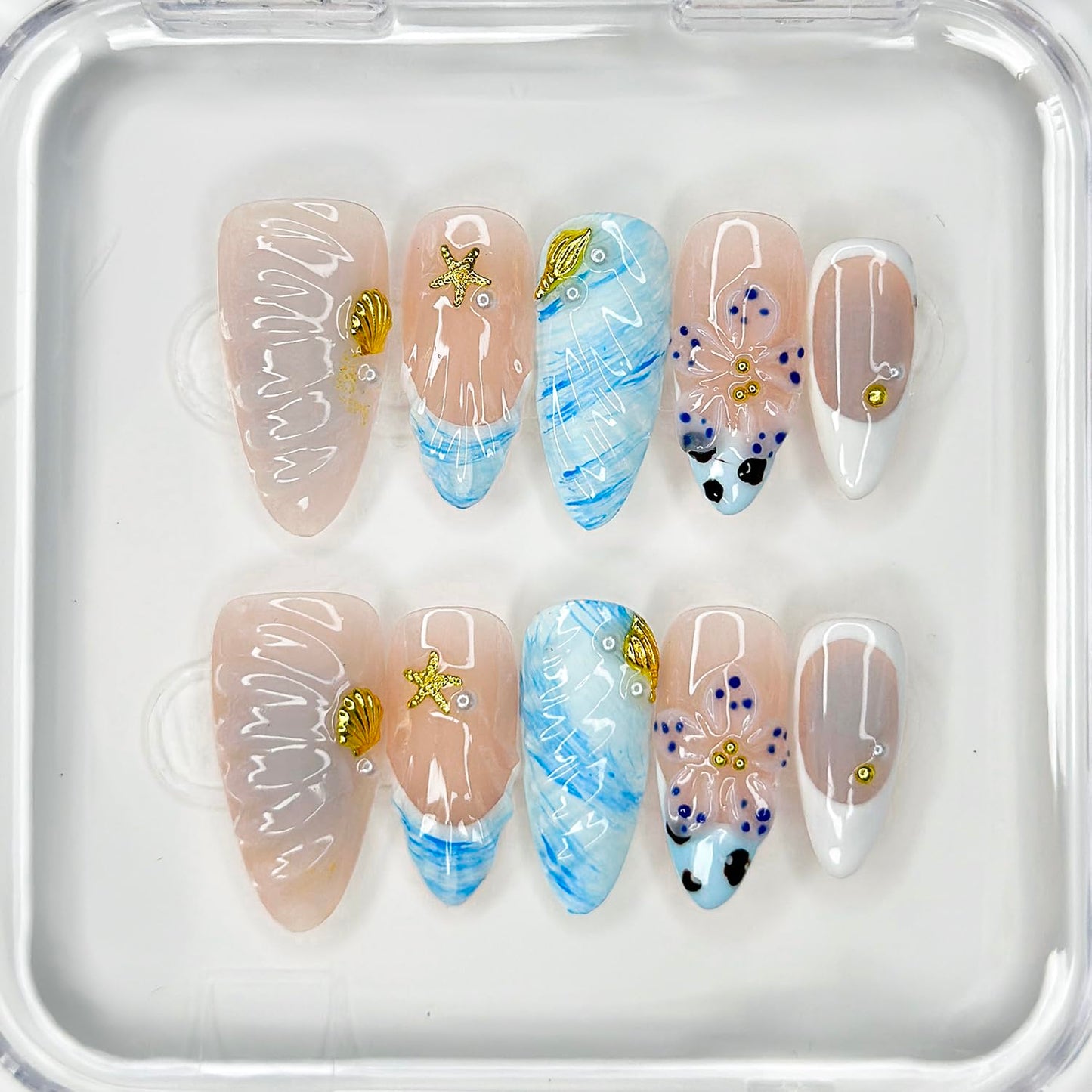 OFDNE Luxury Press On Nails Medium Almond Handmade 3D Unique Reusable ABS Material False Nails Blue with Designs Starfish Floral Art Petal Glossy Glue on Nails Thick Acrylic Nails (10 Pieces, 1 Set)