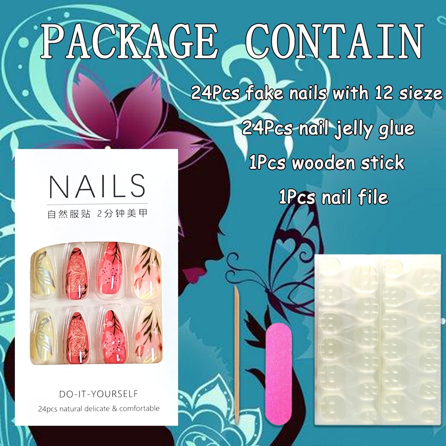 EYZOTSF Press on Almond Nails Medium Length Glossy Full Cover Acrylic Almond Shaped False Nails with Designs Artificial Fake Nail with Charms Glue Stick ons Fingernails for Women Girls(W2015)