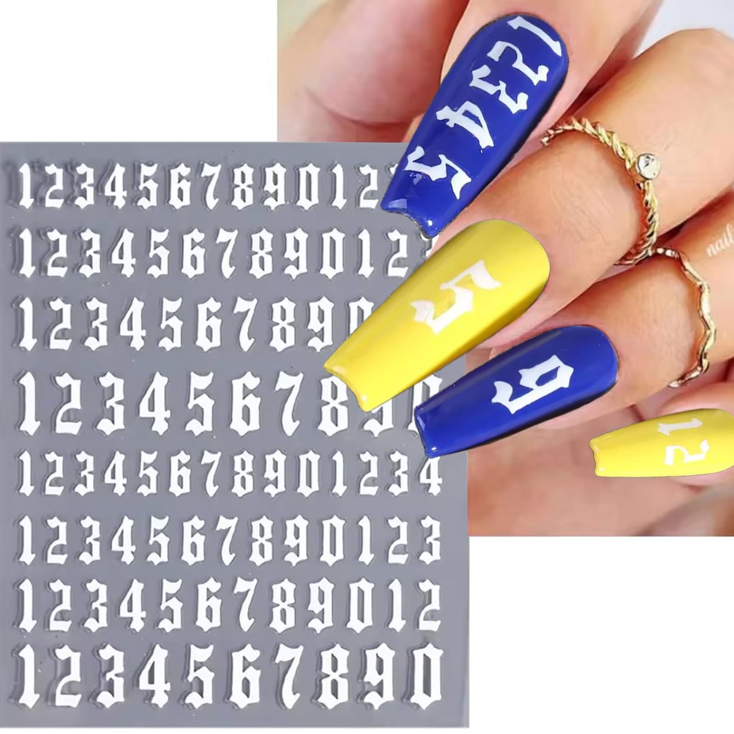 DANNEASY 8 Sheets Alphabet Number Nail Stickers 3D Self-Adhesive Old English Letters Nail Decals Black White Gold Sliver Nail Art Sticker Nail Initial Stickers for Women DIY Charms Decoration
