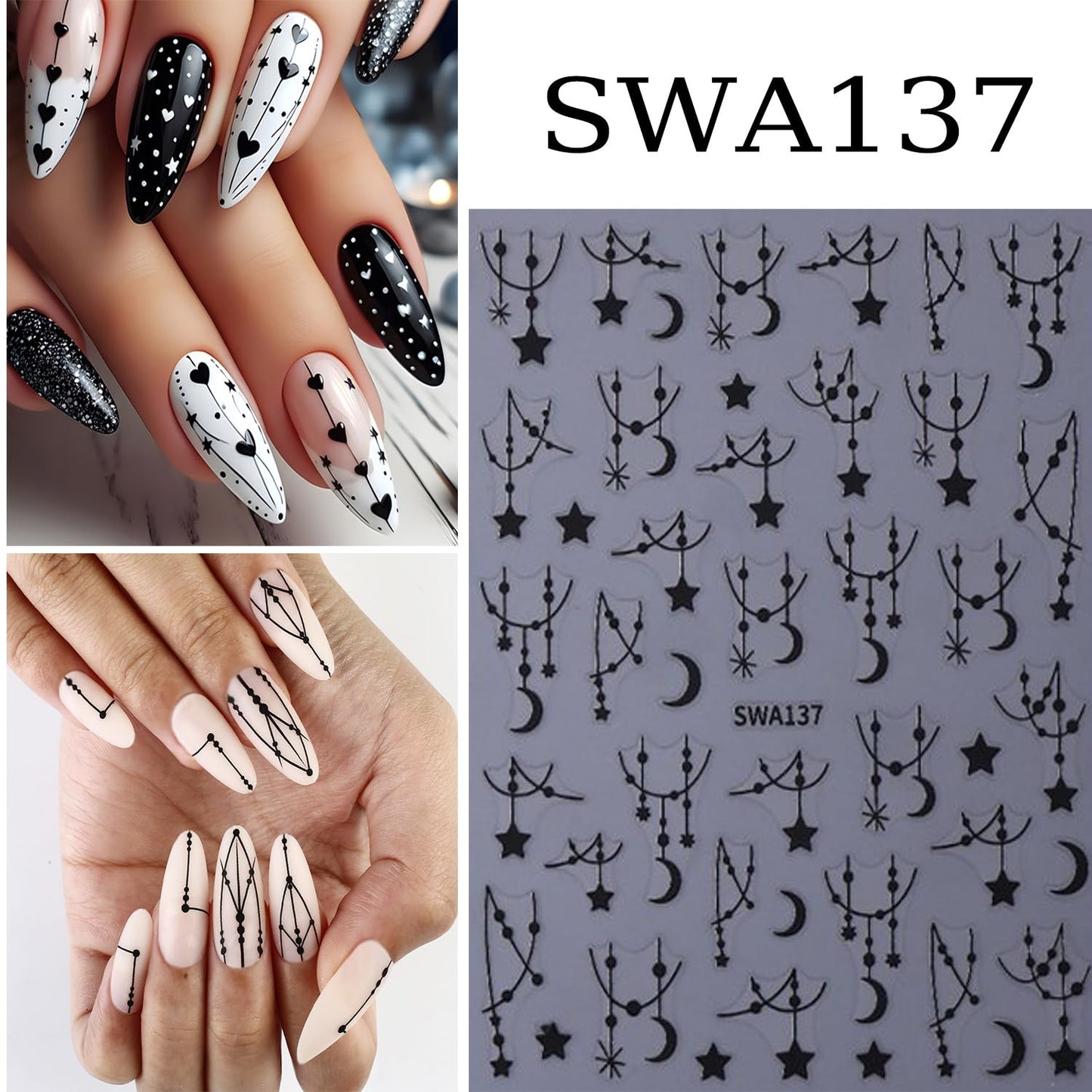 CJDLTS 6 Sheets Moon Star Nail Art Stickers 3D Self -Adhesive Hollow Stars Nail Decals Holographic Black & Silver Pendant Star Moon Nail Stickers Unique Nail Decoration for Women Manicure Supplies