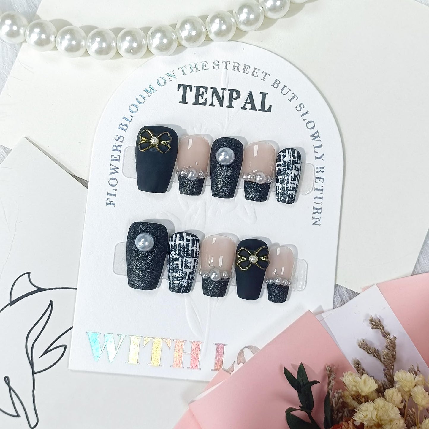TENPAL Handmade French Tips Press on Nails Medium,Black Gold Pearl & Bow Tweed Coffin Nails,Detachable Luxury Heirloom Elegance Glue on Nails for Fair Skin, Acrylic Wedding Nails for Women(L)