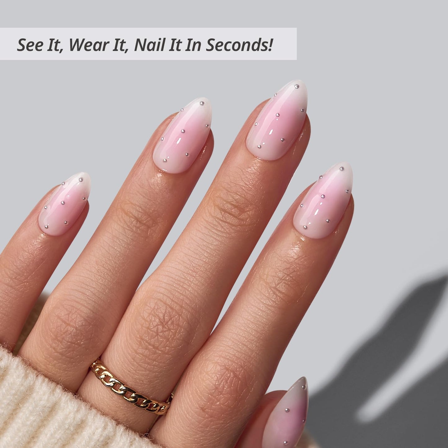 BTArtbox Press On Nails Short - Shy Metal, 3D Pearl Accents Pink Almond Press On Nails with Glue and Adhesive Tabs for Women in 16 Sizes - 32 Nails All-in-One Kit