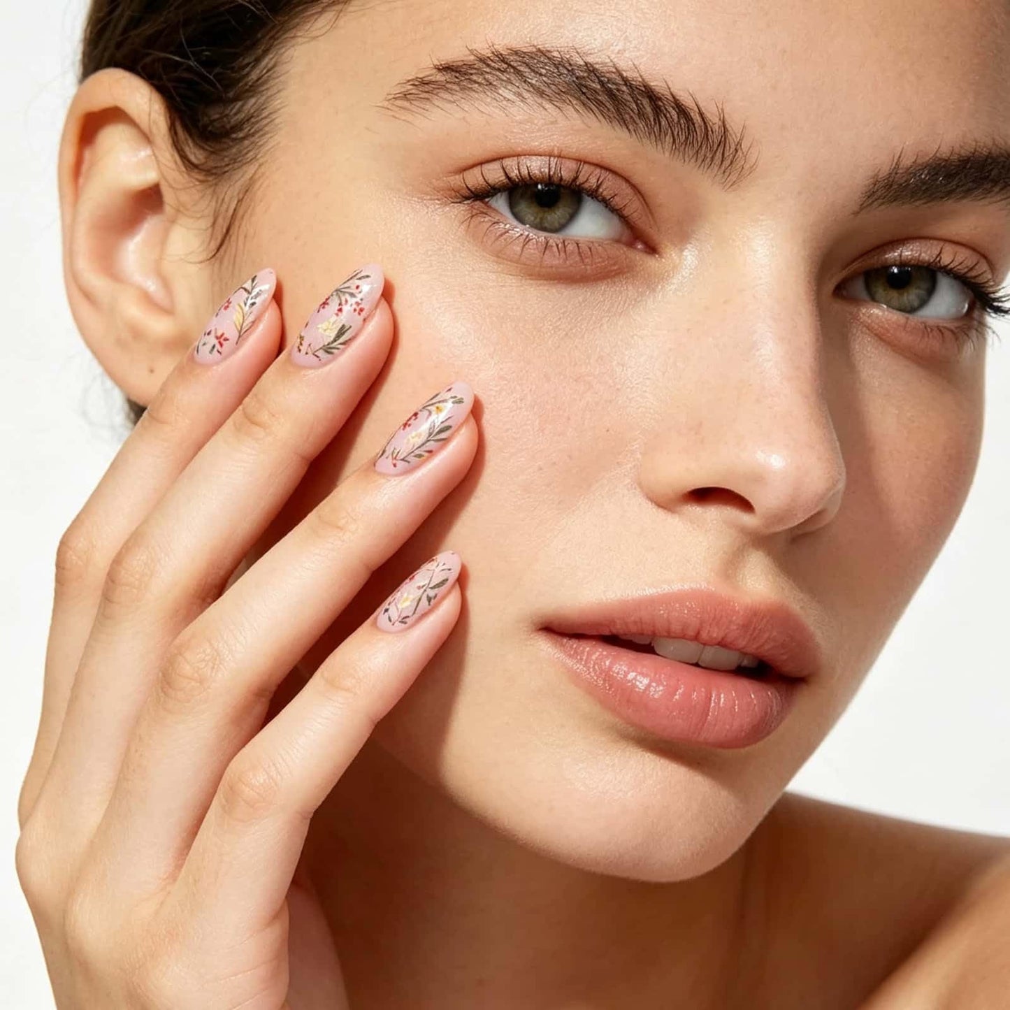 Flower Press on Nails Short Almond Fake Nails with Floral and Leaf Designs Glossy Glue on Nails Spring Summer Nails Press ons Reusable Full Cover Cute Acrylic Nail for Women 24 Pcs