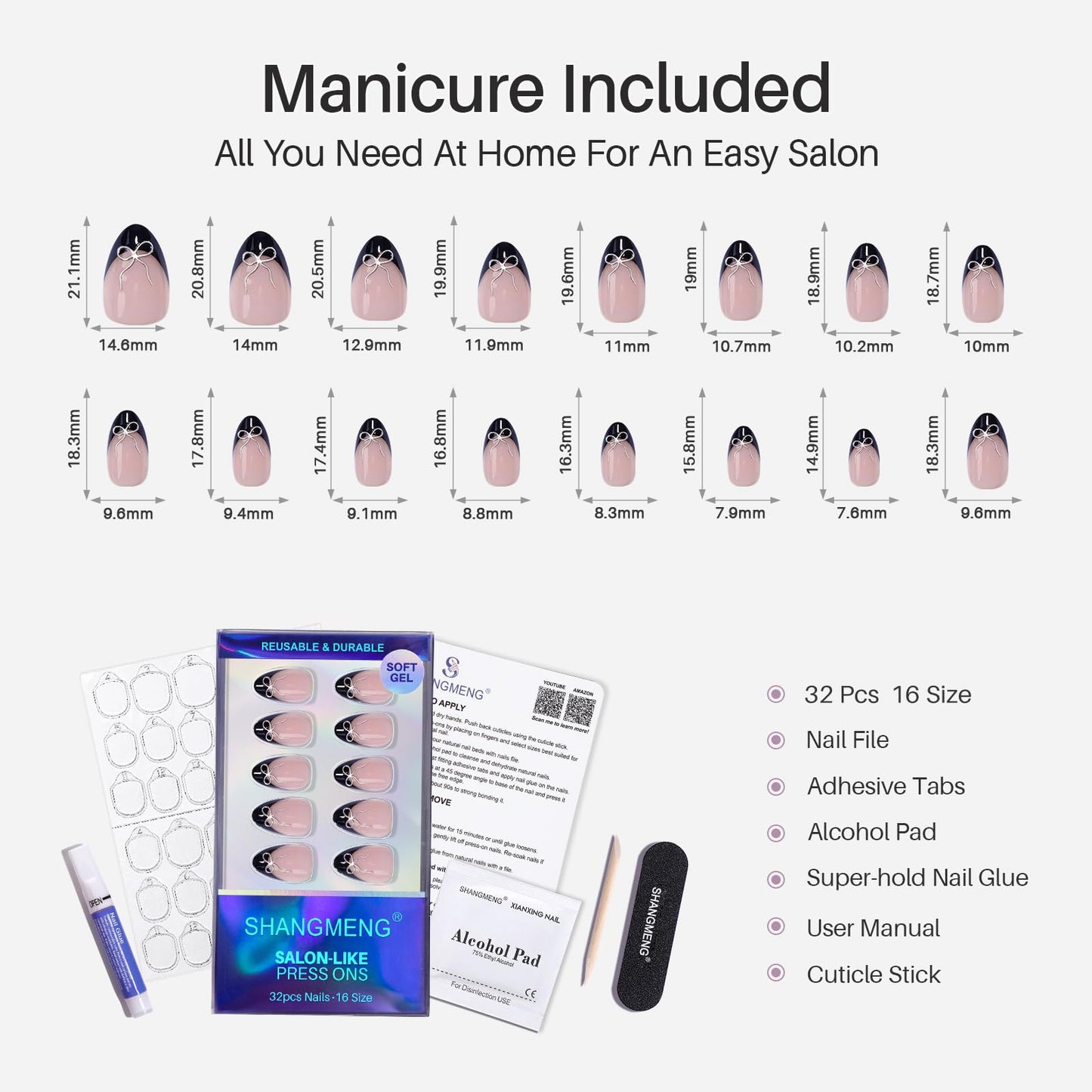 SHANGMENG Black French Tip Press on Nails Short with 3D Bow Design - Soft Gel Almond Fake Nails for Women Gift, Natural Stick on Nails with Glue in 16 Sizes - 32 Reusable Nails, Silver Ribbon