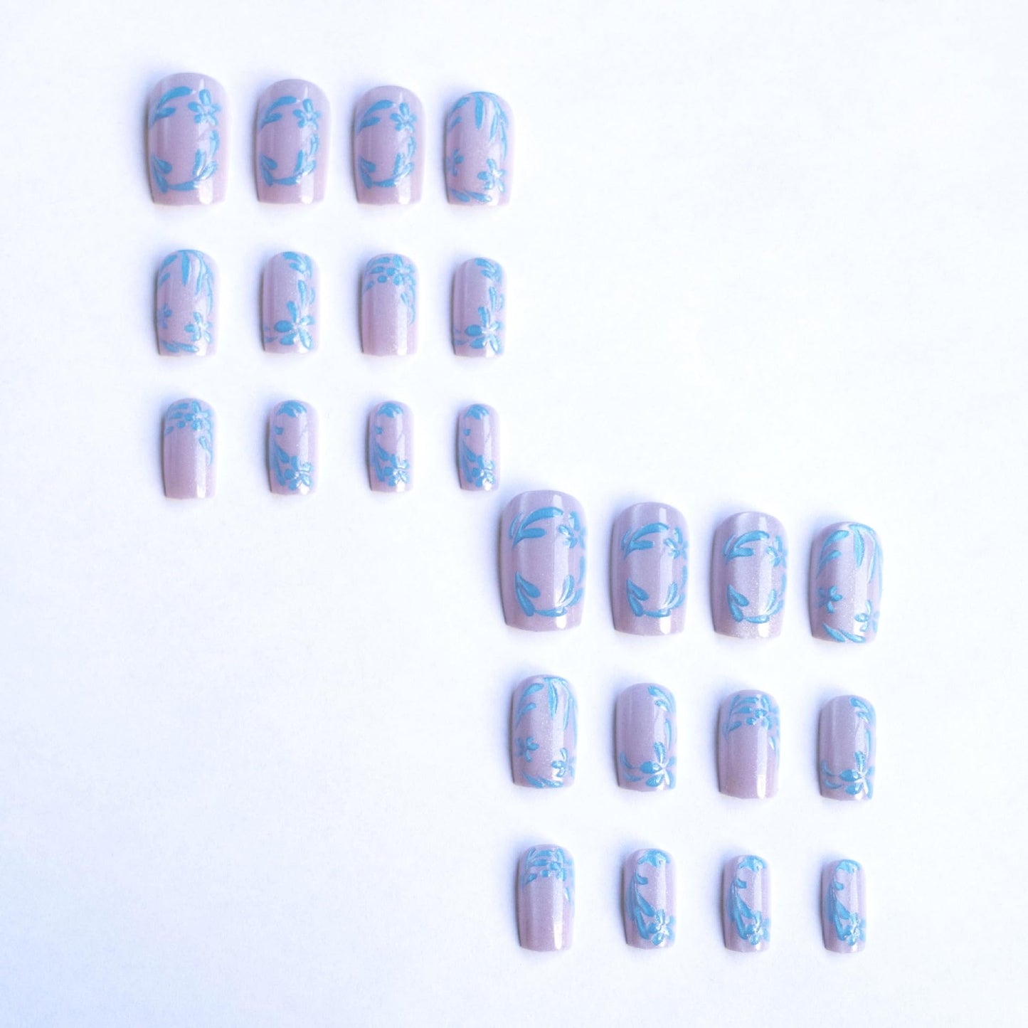 Square Press on Nails Short Cat Eye Fake Nails Blue 3D Flowers Acrylic Nails Glossy Shiny Artificial Nails Purple Leaf False Nails Glitter Glue on Nails for Women Girls Manicure Nails Decoration