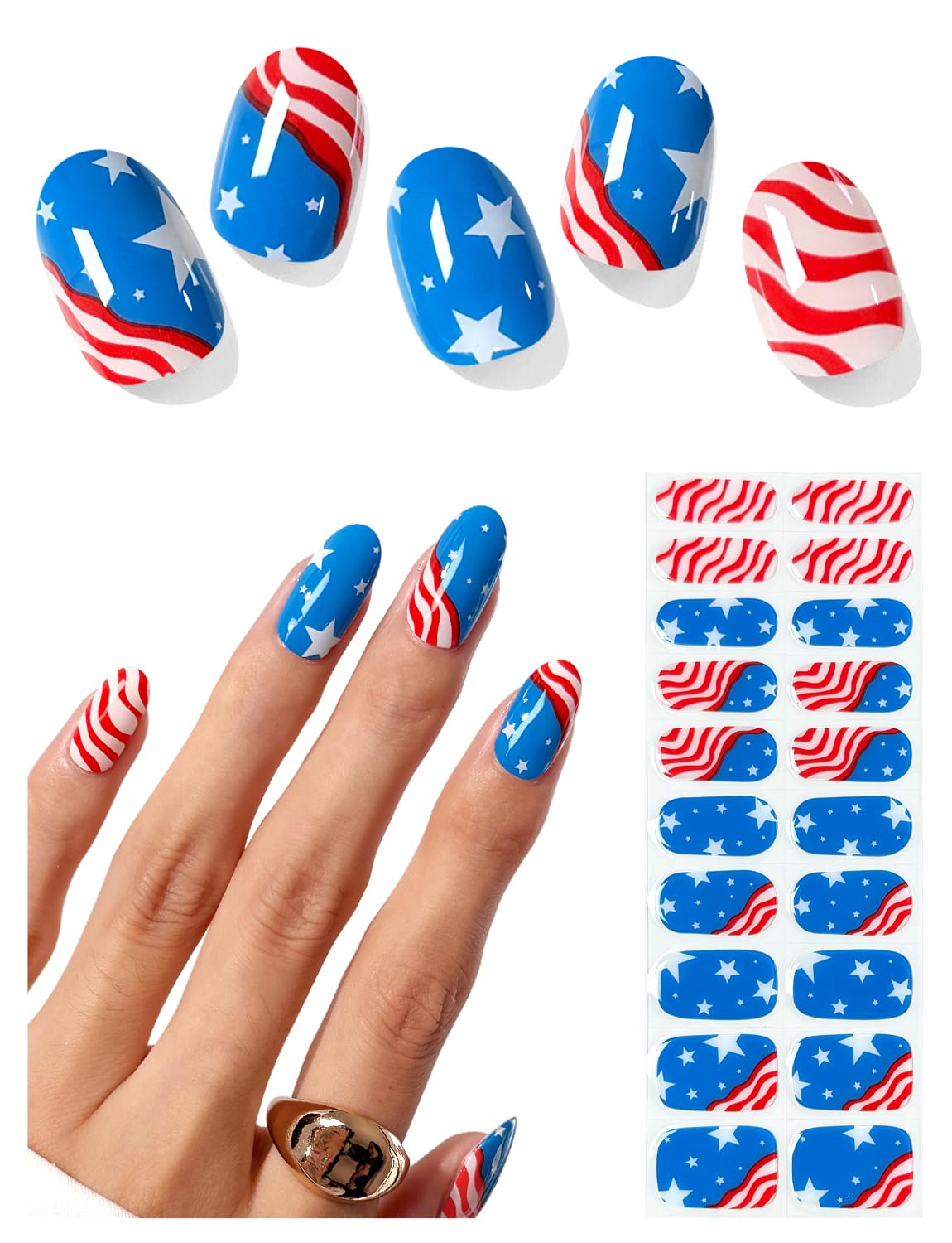 AutyaMee Semi Cured Gel Nail Strips (American Flag-01), 4th of July, 20 Pcs Gel Nail Wraps, Stickers, Salon Quality, Sun-Cured or UV-Cured