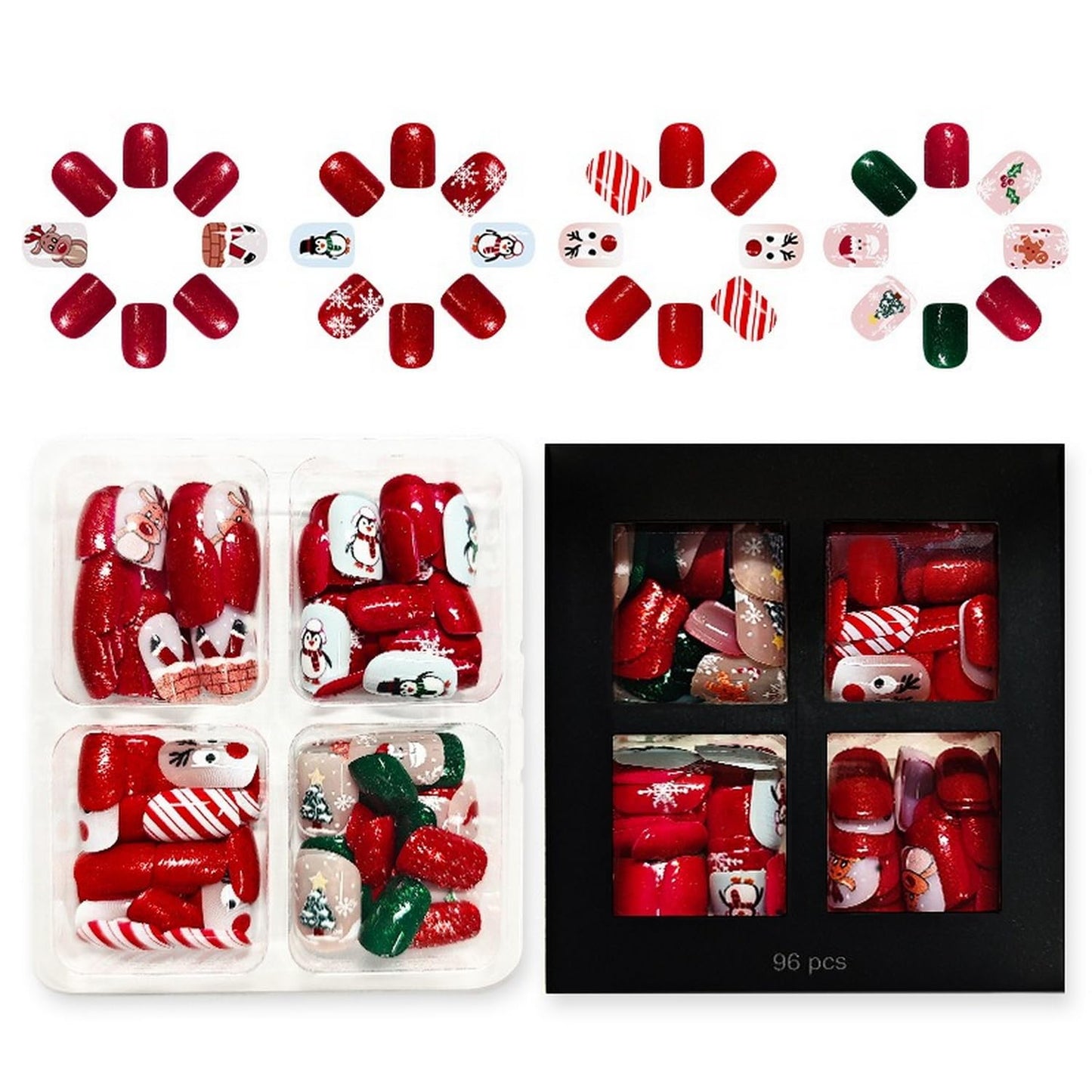 Christmas Press on Nails Kit 96 Pcs Short Square Fake Nails 4 Style Cute False Nails with Penguin Reindeer Snowflake Glitter Designs Red Glossy Glue on Nail Winter Acrylic Nails for Women Girls