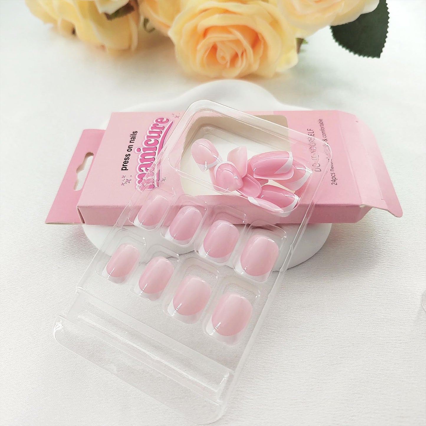 Press on Nails Short Acrylic Fake Nails White French Tip Square Artificial Nails Press ons Pink Full Cover Glossy Stick on Nails for Women Girls 24 Pcs