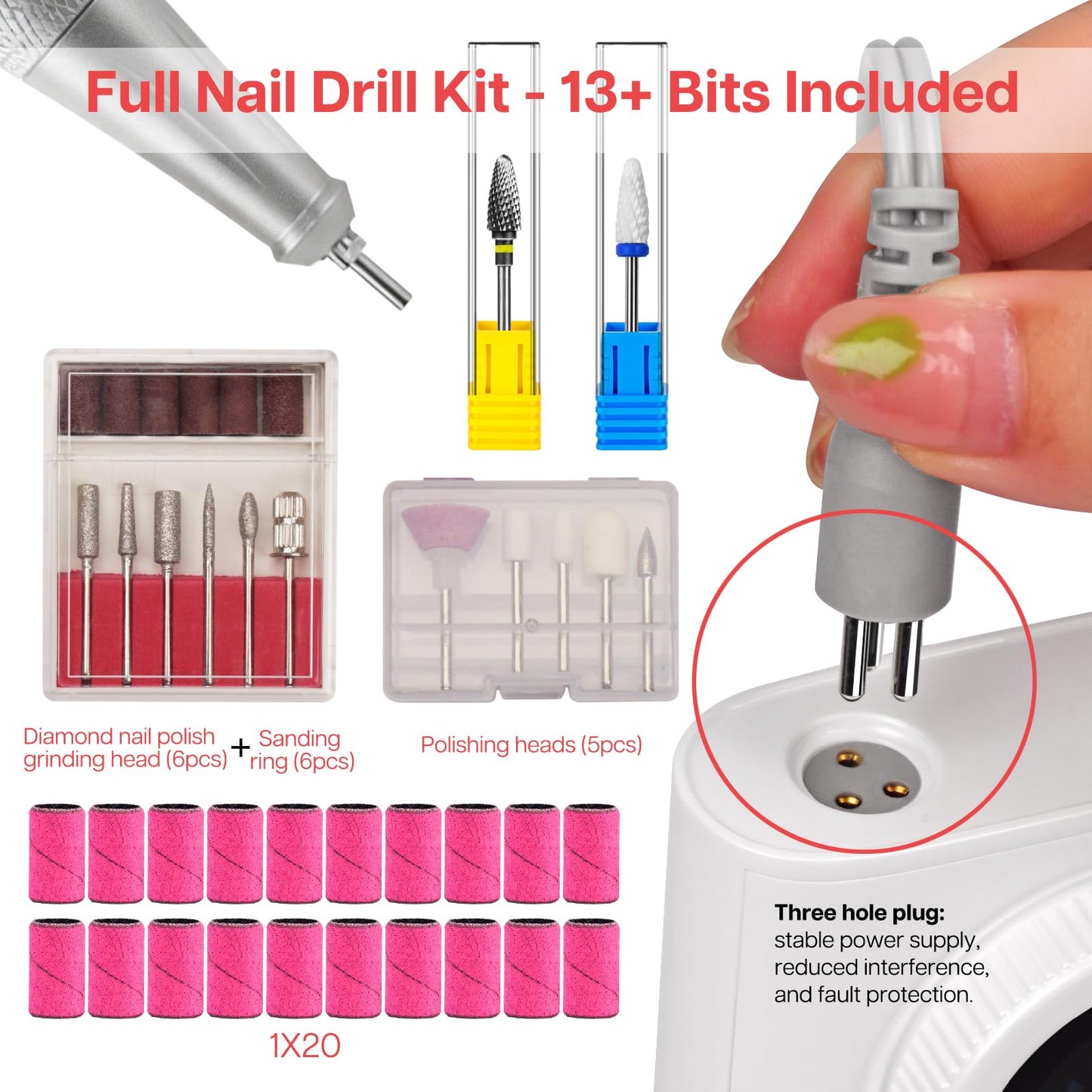Nail Drill 45000 RPM with Charging Dock, Professional Efile Kit for Acrylic Gel Removal, Electric Nail File Machine with Ceramic & Tungsten Bits, for Home Salon Use