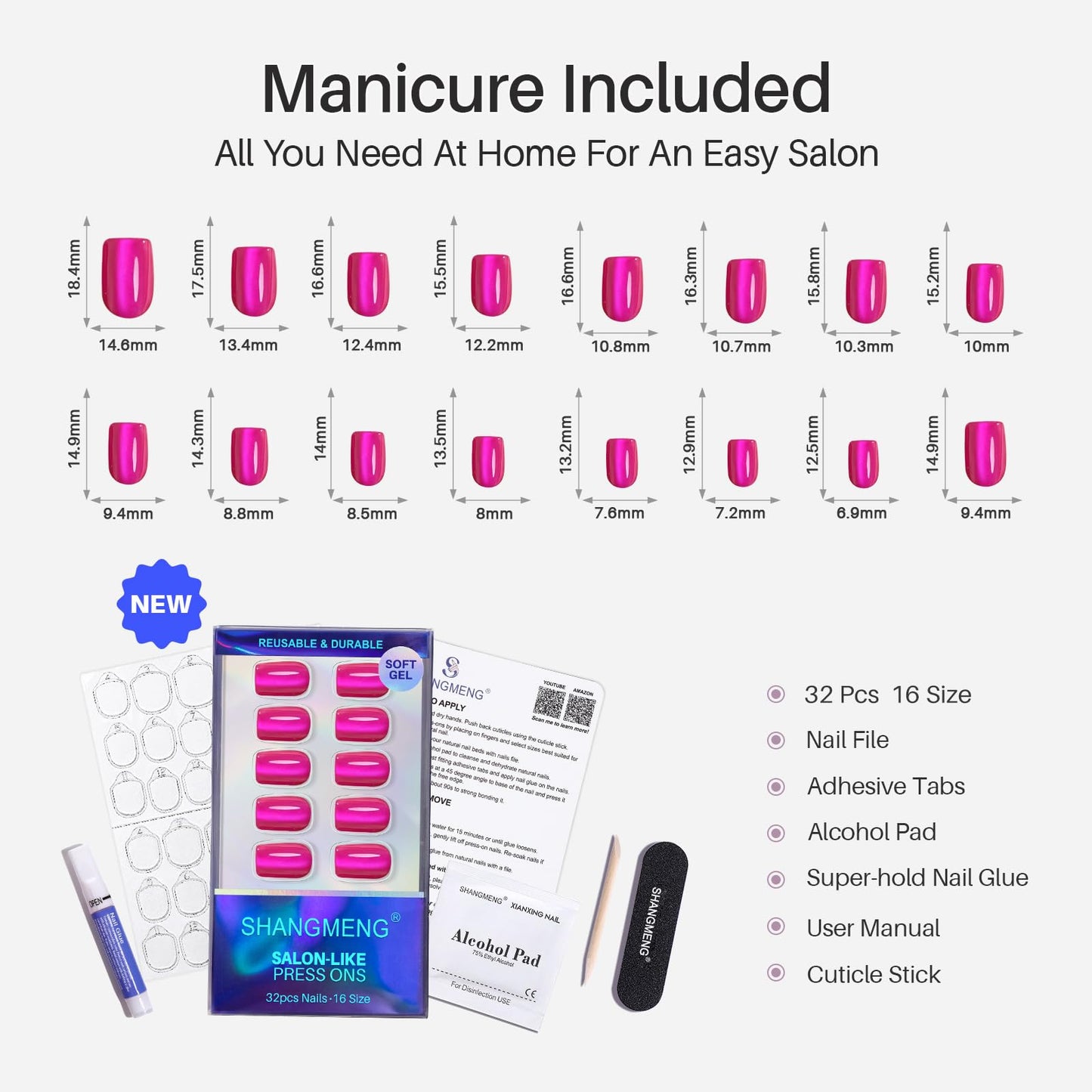 Hot Pink Press on Nails Short - SHANGMENG Soft Gel Cat Eye Press on Nails Square for Women, Naturally & Full Cover Reusable Glue on Nails in 16 Sizes - 32 Fake Nails Kit with Glue, Hot Pink