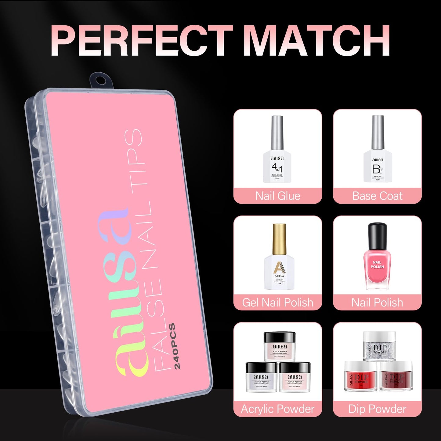 AILLSA Short Almond Nail Tips - Thickened Pre-shaped False Nail Tips Short Almond Shaped Half Matte Nails Tips, Fake Nails Extension 240pcs 15 Sizes with Storage Box