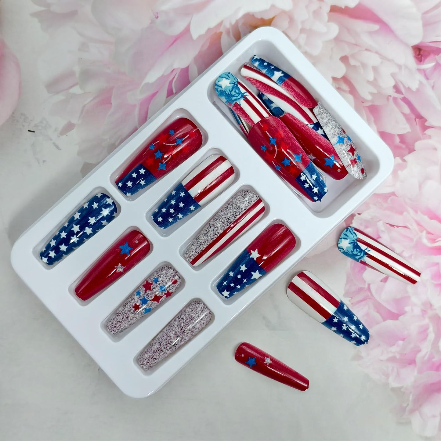 CJDLTS Independence Day Press on Nails Medium Ballet Artificial Fingernails Statue of Liberty Red White Lines with Color Stars Fake Nails 4th of July Reusable Stick on Nail for Women Holiday Manicure