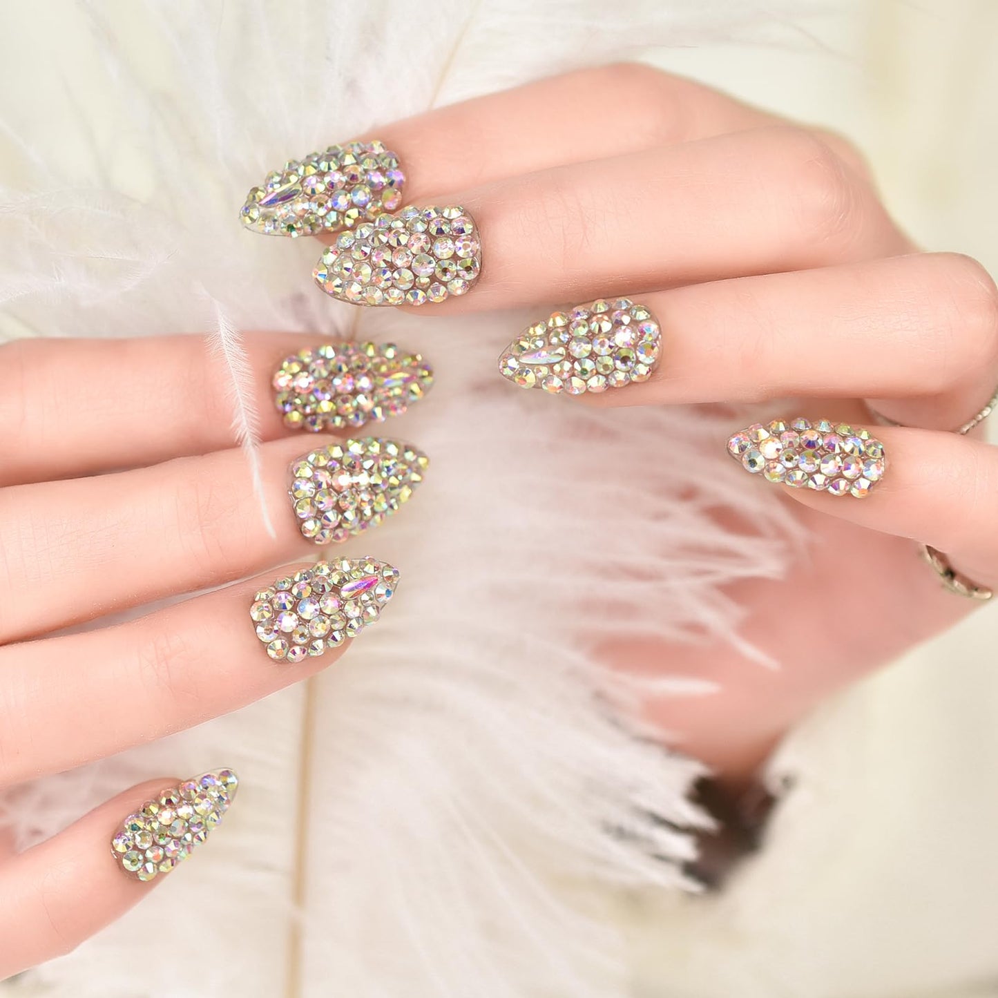 Elevenail Handmade Nails 24pcs Full Cover 3D Rhinestones Press On Nails Almond Medium Length Nails Women Girls Gifts Salon Manicure Shiny Crystal Nail Art Tips Fake Nails Reusable Acrylic False Nails