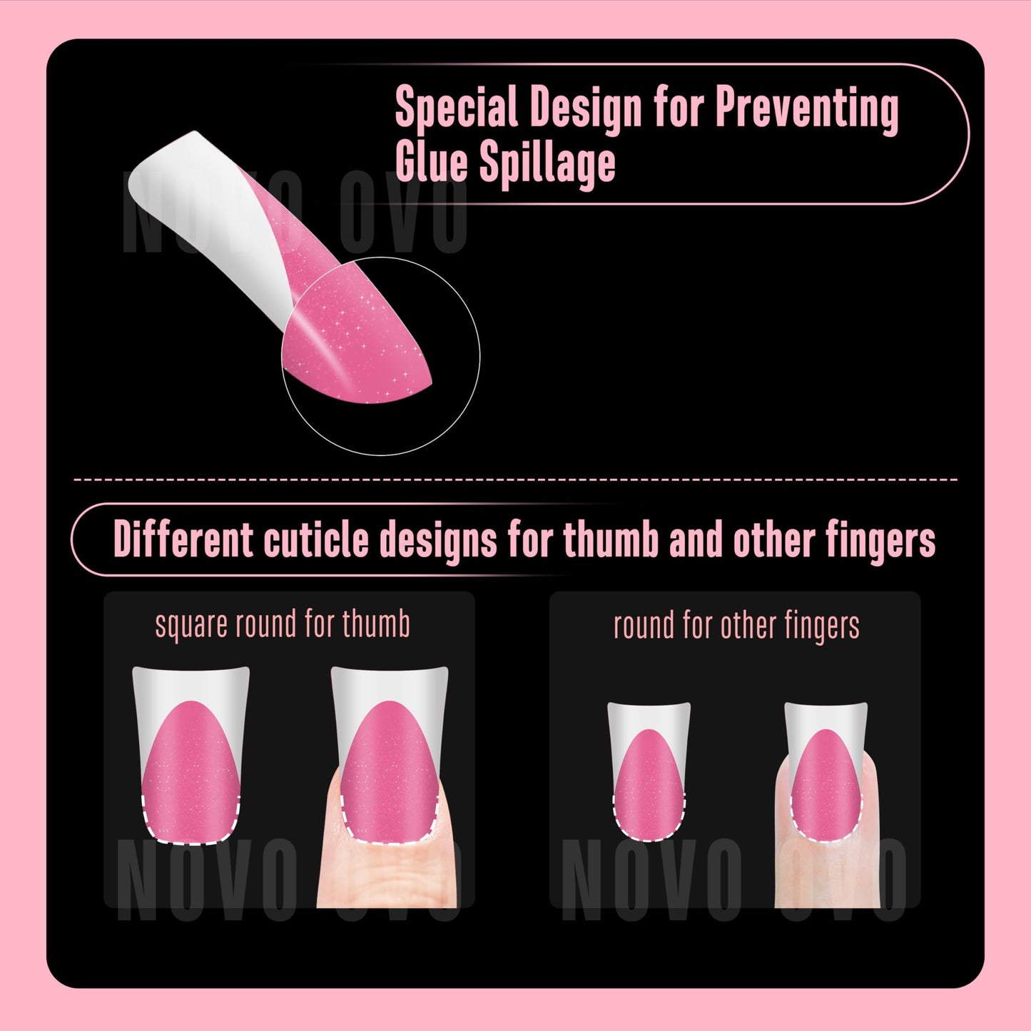 NOVO OVO Short Duck Nail Tips French Tip Press On ROSE PINK with Glitter, Soft Gel Nail Extension, Need Buider Gel Top Coat, No Glue included, Full Cover Acrylic False Nails for DIY x 12 Sizes 240 pc