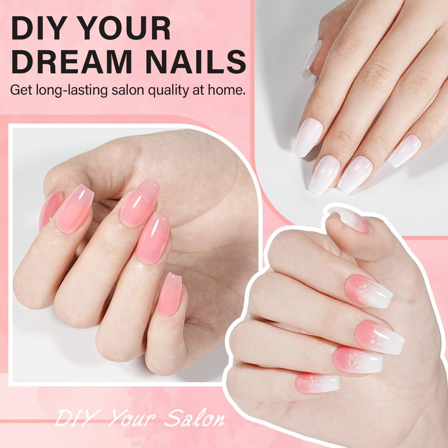 AILLSA Nail Tips and Glue Gel Kit Short Coffin Nail Tips 240pcs with 2 In 1 Nail Glue Base Coat and Nail Dehydrator, Gel Extension Nail Kit with U V Light Top Coat for DIY Home Salon